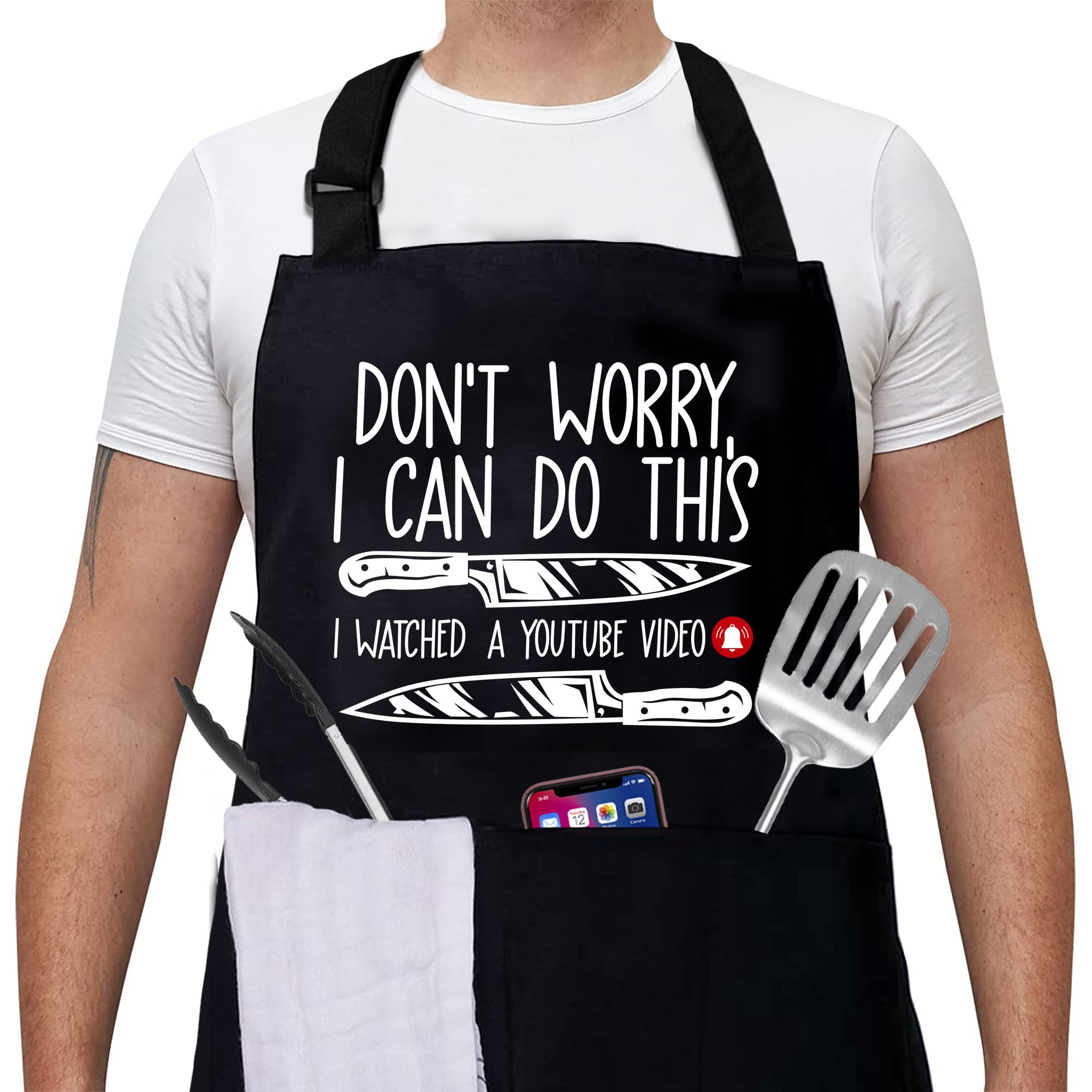 Cusugbaso Funny Aprons For Men, Chef Cooking Aprons One Size With Three Pockets Funny Grill Gifts For Men, Dad, Husband - Cookin