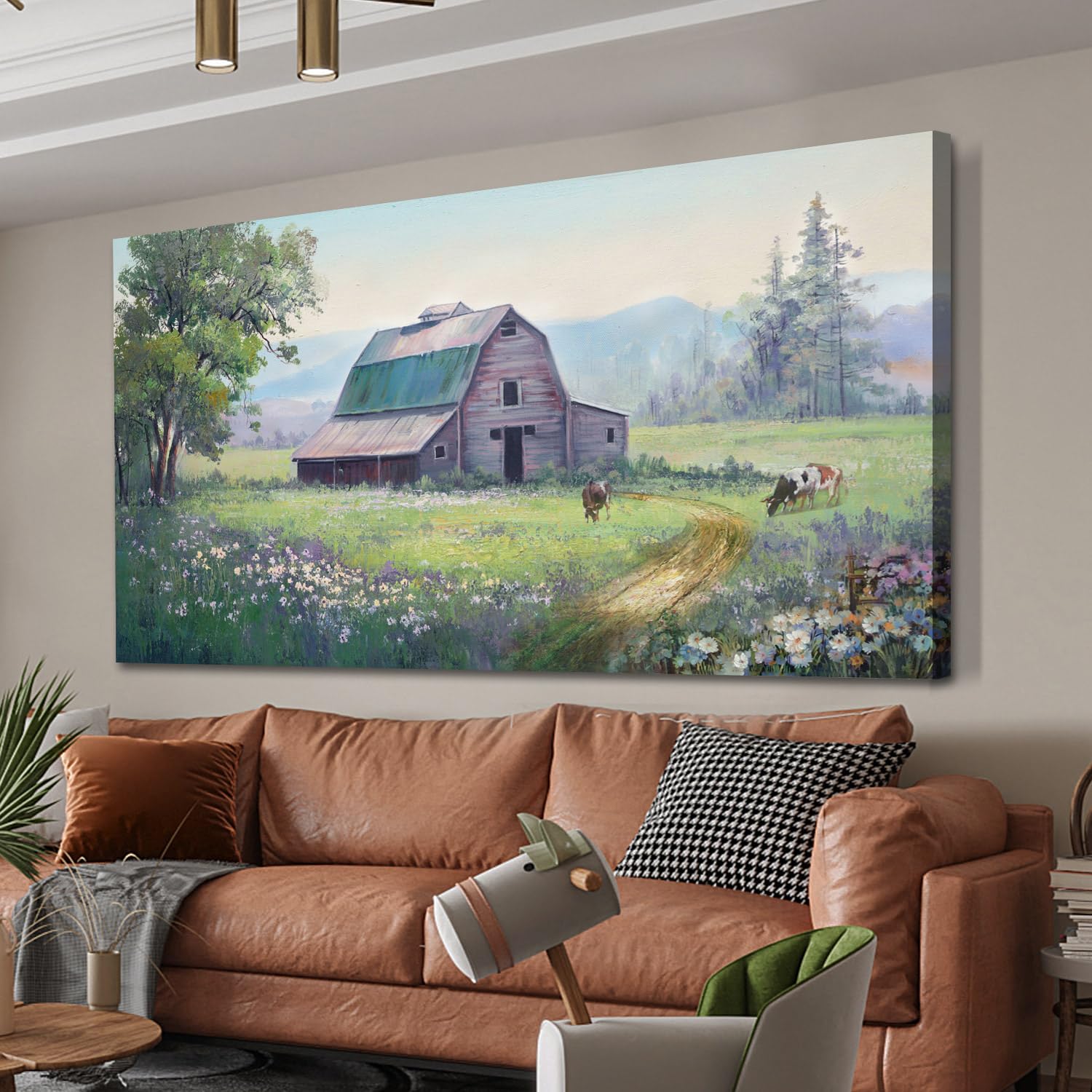 Acocifi Farmhouse Wall Art Barn Picture Cow Farm Landscape Painting Canvas, Nature Wildflower Rustic Scenery Print Artwork Frame