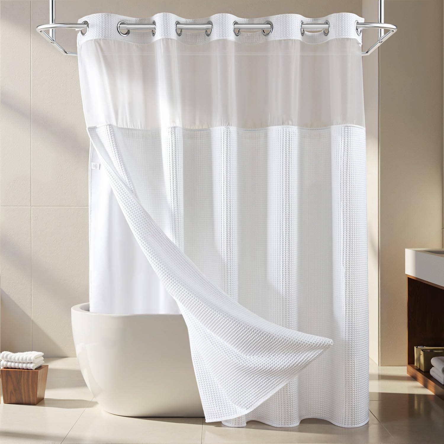River Dream White Fabric Shower Curtain Set  Cotton Blend  Waffle Weave  with Snap in Replacement Liner 71 x 86 inches
