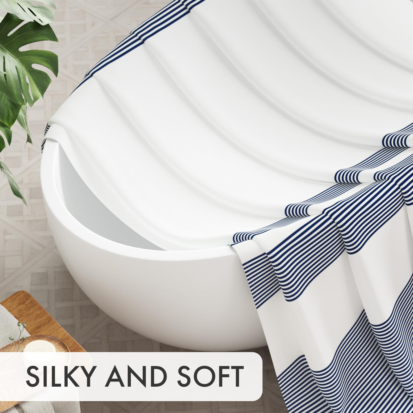 AmazerBath Shower Curtain Sets  Striped Blue Cloth Shower Curtain with 12 Shower Curtain Hooks  Rustic Fabric Blue and White Shower Curtain  Washable Farmhouse Bathroom Shower Curtain  72x72 Inches
