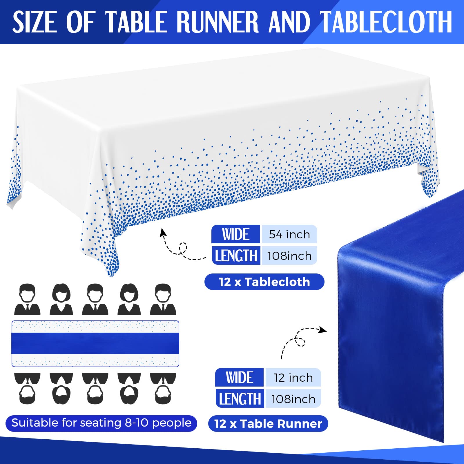 Breling 24 Pack Royal Blue Disposable Plastic Tablecloths And Satin Table Runner Set, 54 X 108 Inch Tablecloth, 12 X 108 Inch Ta