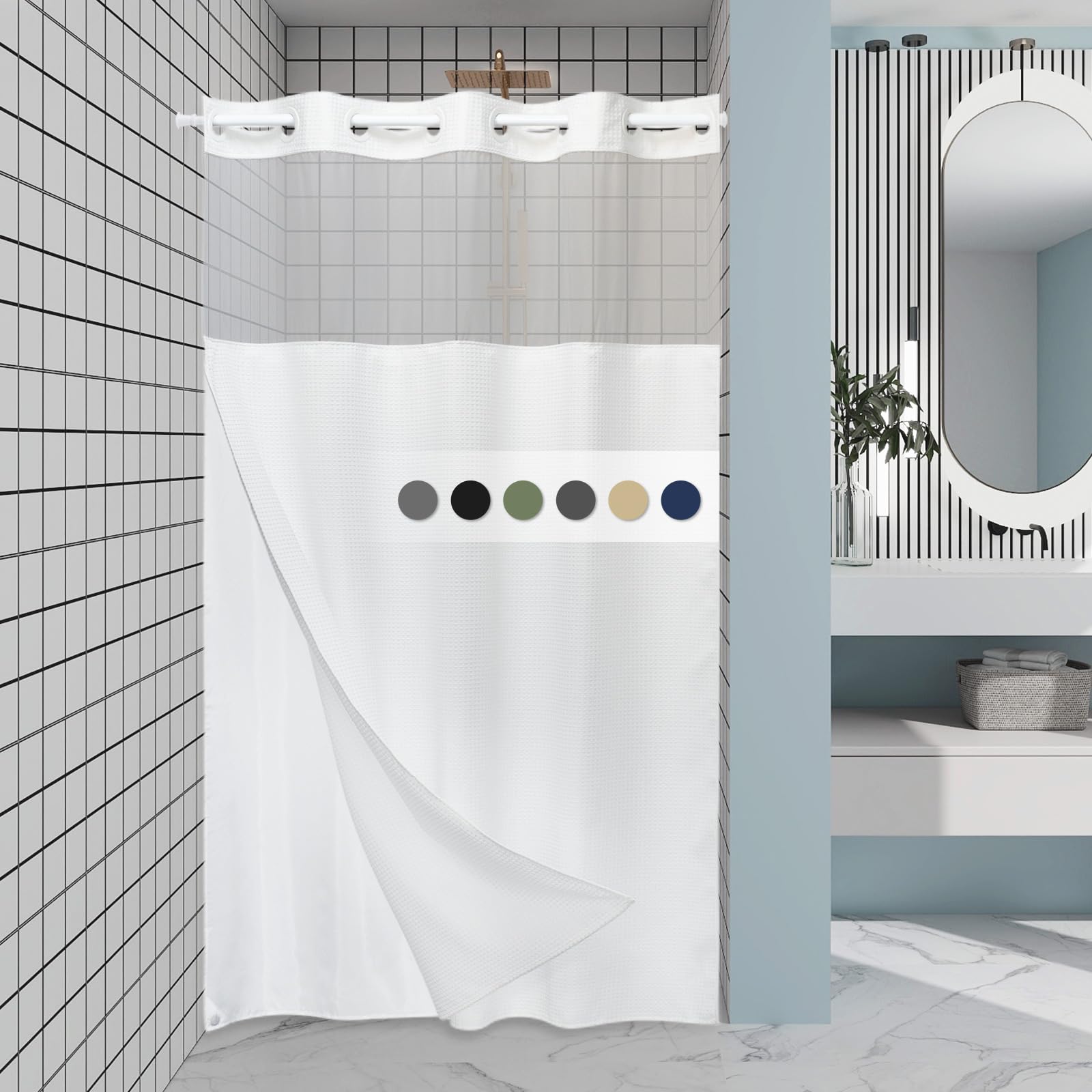 Eutxl White Stall No Hook Shower Curtain With Snap In Liner,230Gsm Waffle Weave Shower Curtains For Bathroom,54W X 80H
