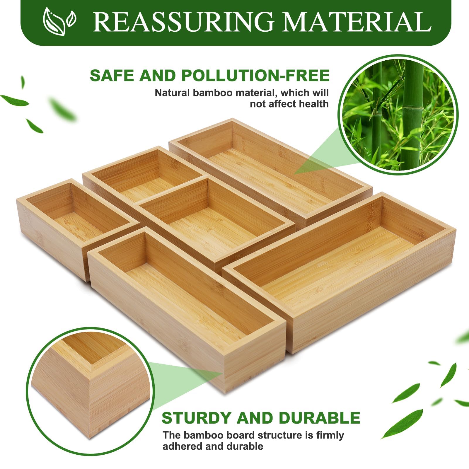 Bamboo Drawer Organizer Set, 5 PCS Multi-Use Individual Wood Storage Organizers, Junk Drawer Divider and Storage Trays Container