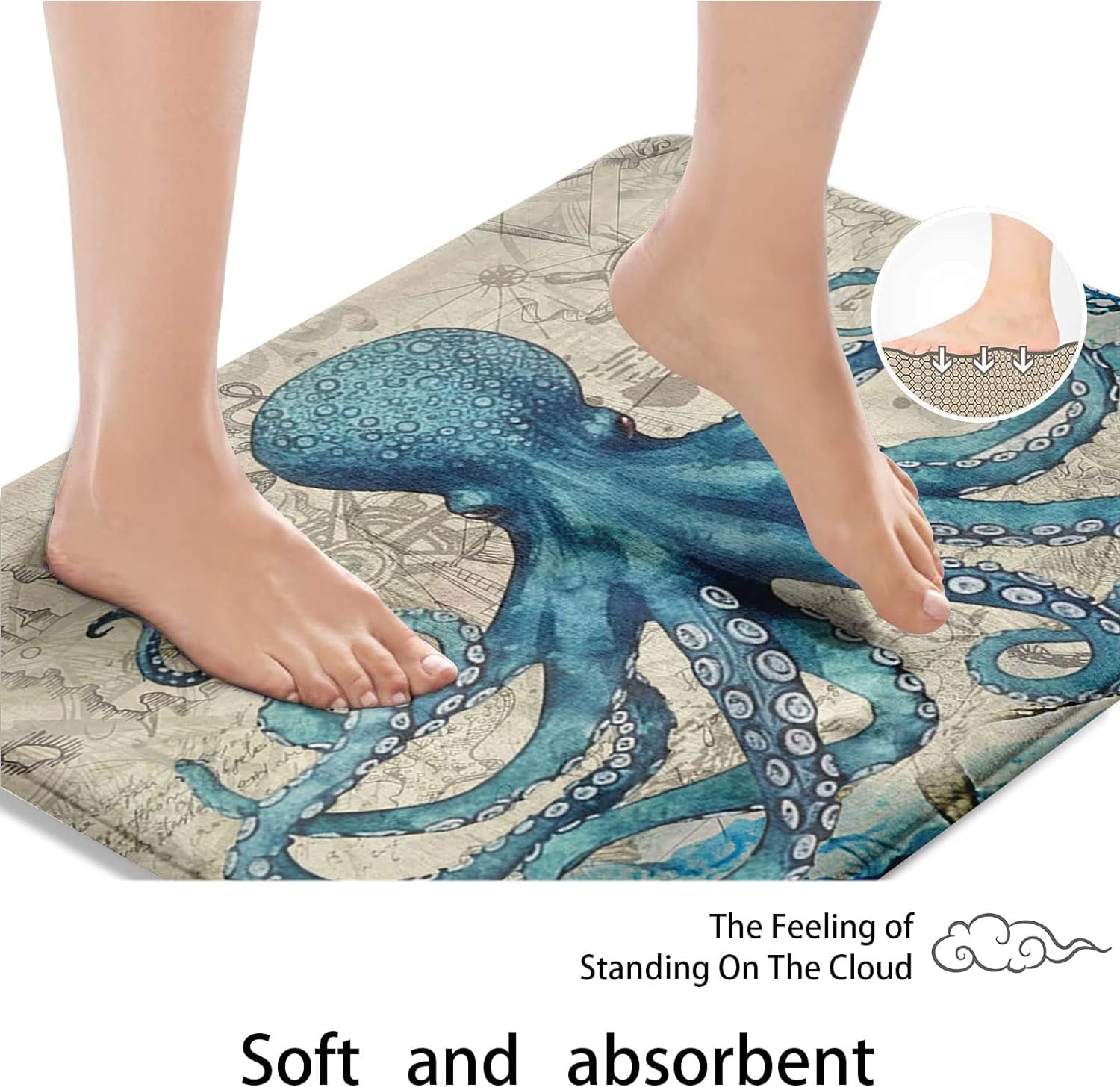 Britimes Blue Bath Mat For Bathroom,Bathroom Mats Rugs No Silp,Sea Theme Octopus Washable Cover Floor Rug Carpets Floor Mat Bath