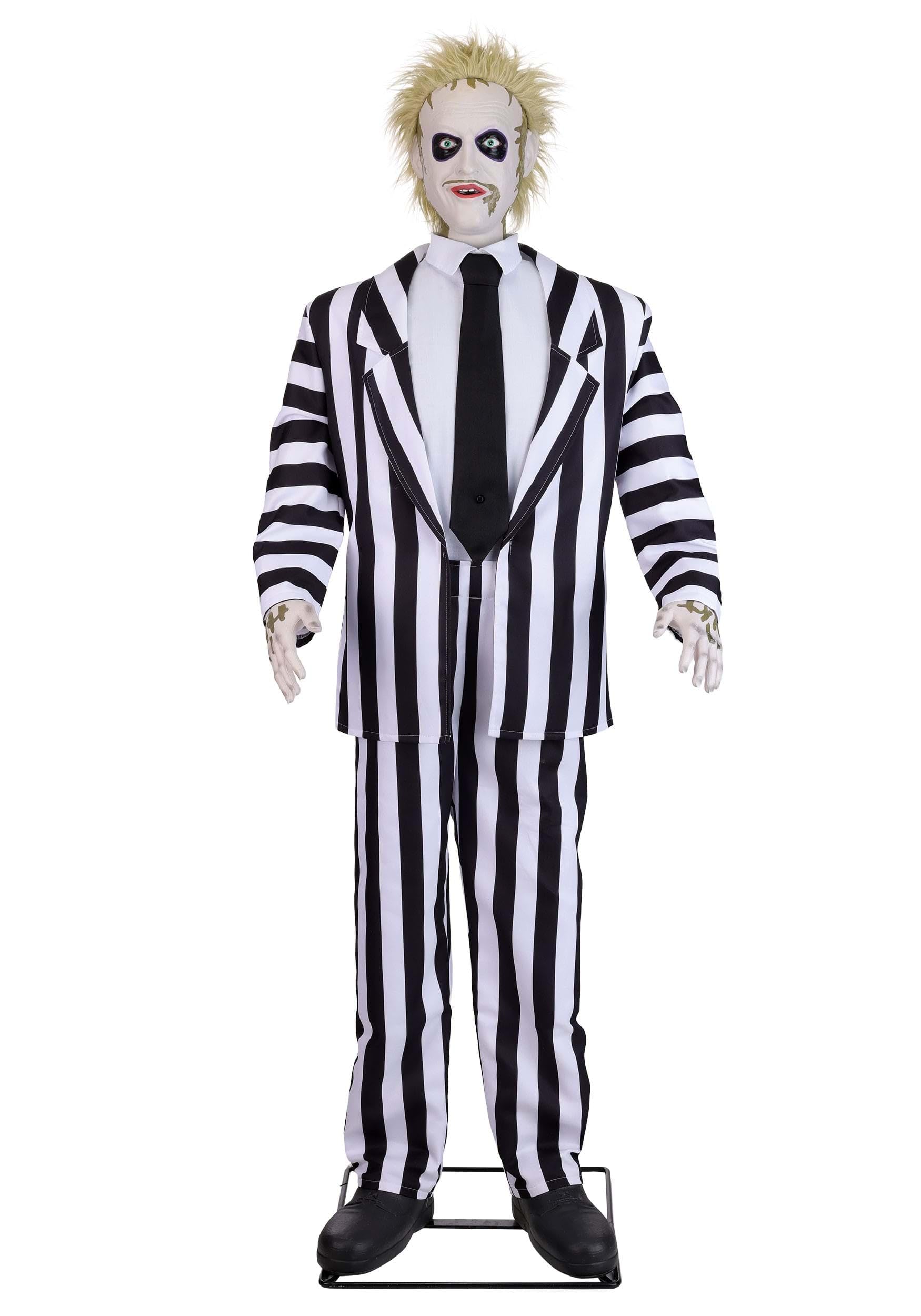 Gemmy 6FT Beetlejuice Animatronic | Life Size Halloween Decoration with 2 Outfits, Spinning Head, Movie Sounds and Music