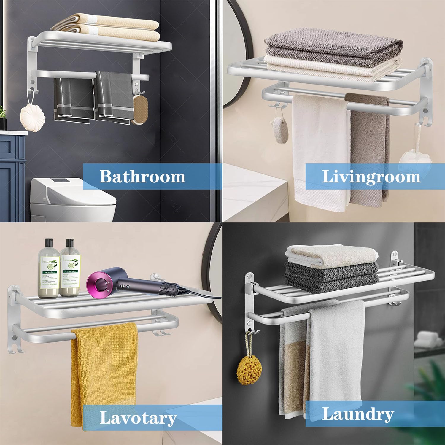 Vanloory Towel Rack For Bathroom, Bath Towel Holder With Double Towel Bar And Fold-Able Towel Shelf, Rustproof Towel Organizer W