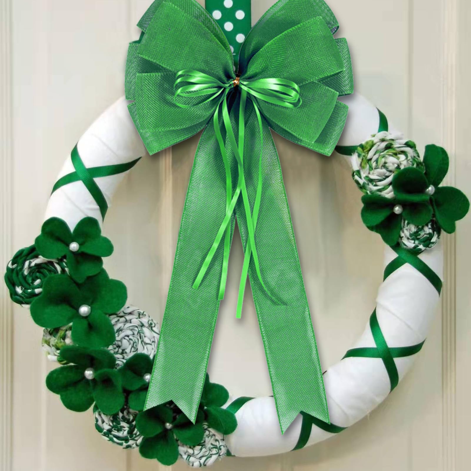 2 PCS Green St Patricks Day Wreath Bow Decor,St Patricks Day Tree Topper Bow Decorations,Decorative Bow with Green Burlap and Gl
