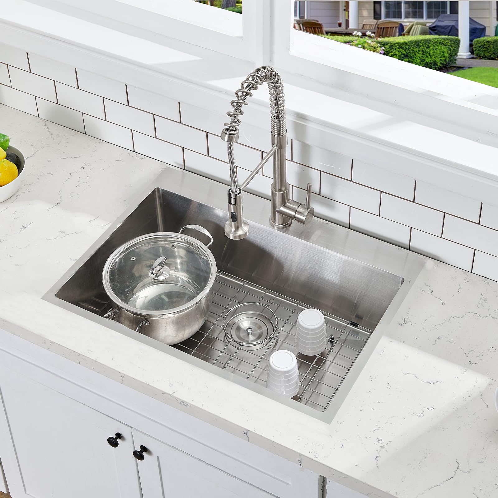 Vccucine 28X18 Inch Drop In Kitchen Sink 16 Gauge Top Mount Handmade T304 Brushed Nickel Kitchen Sink,Stainless Steel Single Bow