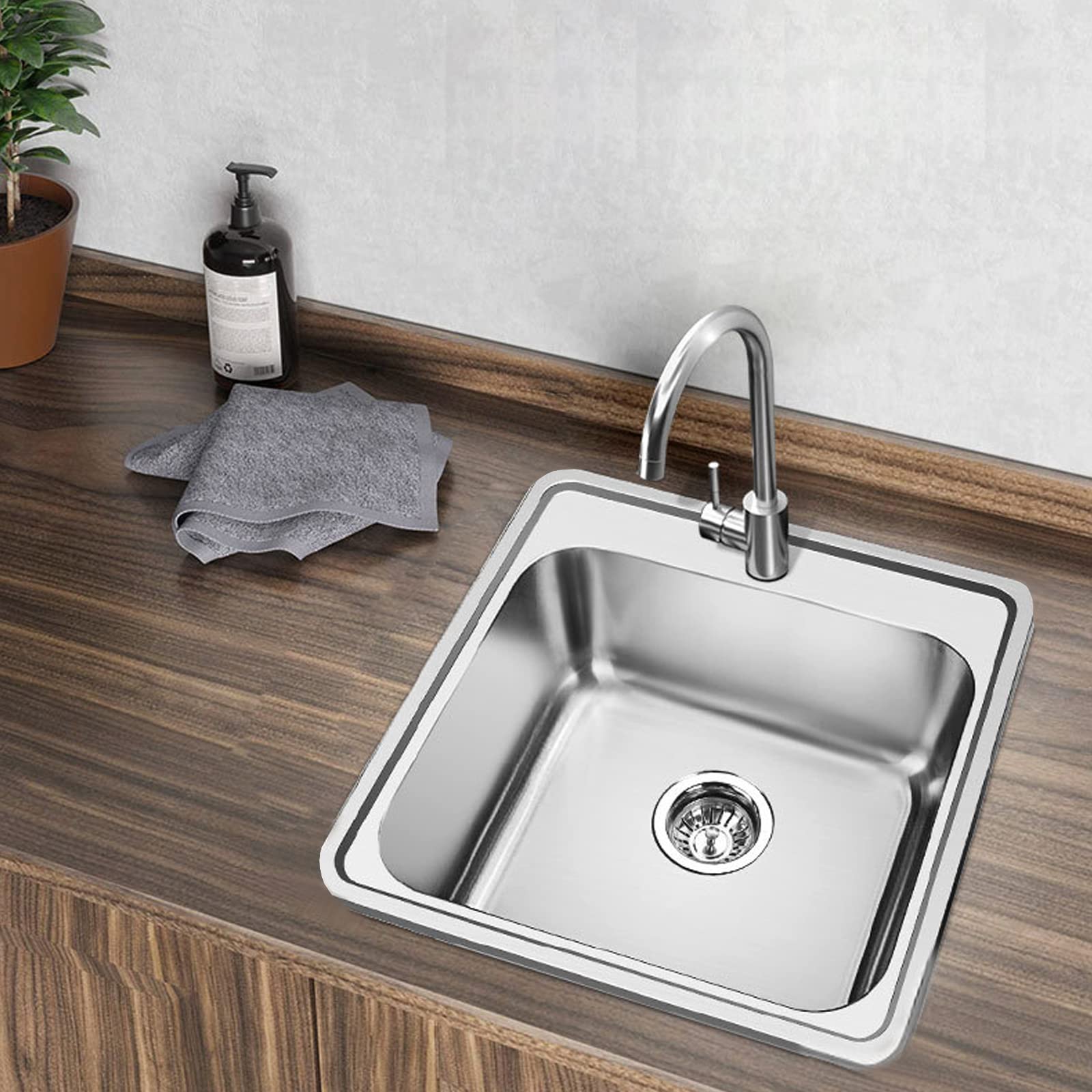Wellssinkware 22 Guage Stainless Steel Rectangular Single Bowl Topmount Kitchen Bar Sink Package Cmt1515-6-1-Stainless Steel Kit
