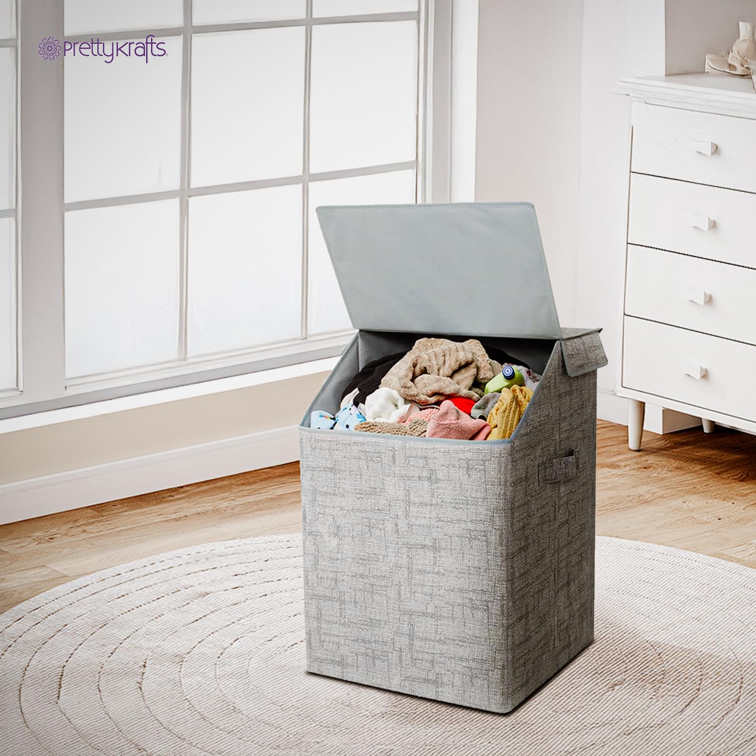 Prettykrafts 75 Ltr Laundry Basket For Clothes With Lid | Laundry Bag Foldable | Laundry Bag For Clothes | Clothes Basket | Bask