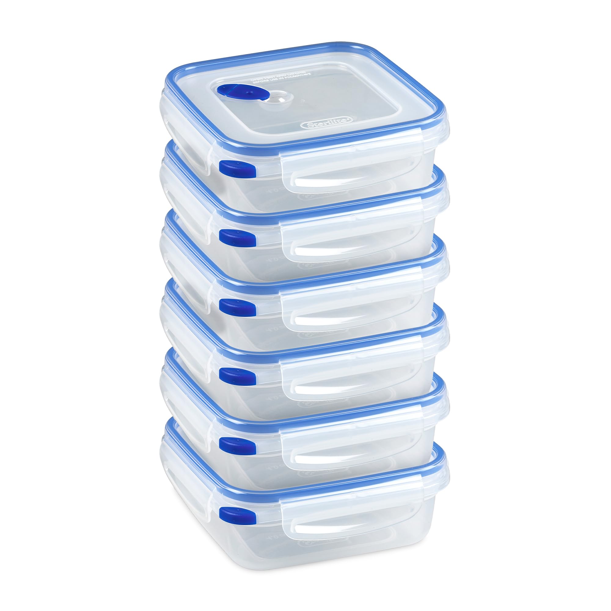 Sterilite Ultra-Seal 4 Cup Square, Airtight Food Storage Container, Latching Lid, Microwave and Dishwasher Safe, Clear With Blue