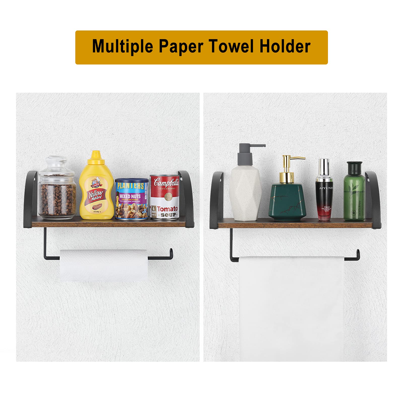 Paper Towel Holder With Shelf Storage, Wall Mount 2-In-1 Kitchen Paper Roll Towel Holder Rustic Farmhouse Under Cabinet Spice Ra