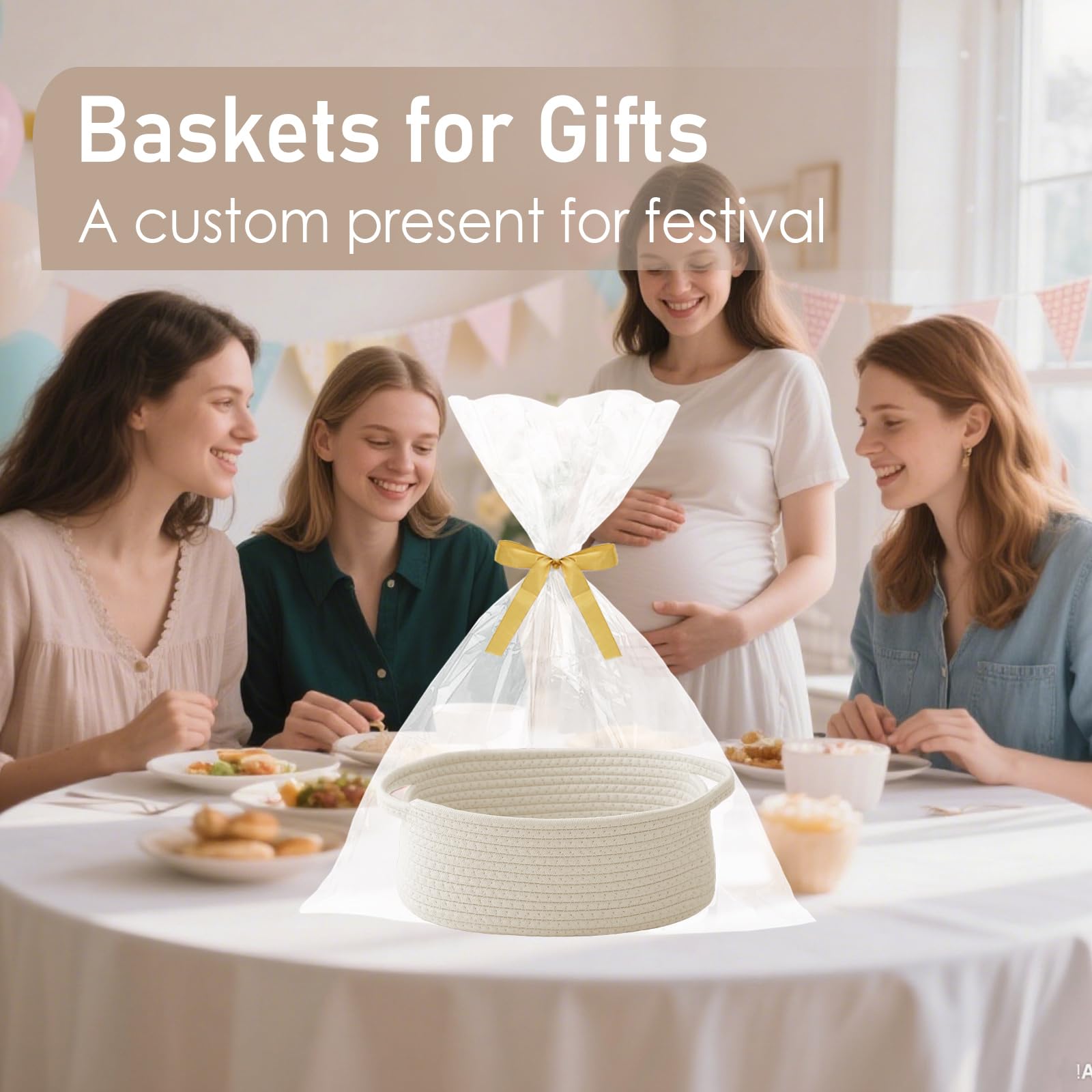 JMvicyroam Woven Basket,Small Rope Storage Bin with Handles & Ribbon Bag, Organizer for Shelves Closets,Gift Basket Empty for Bi