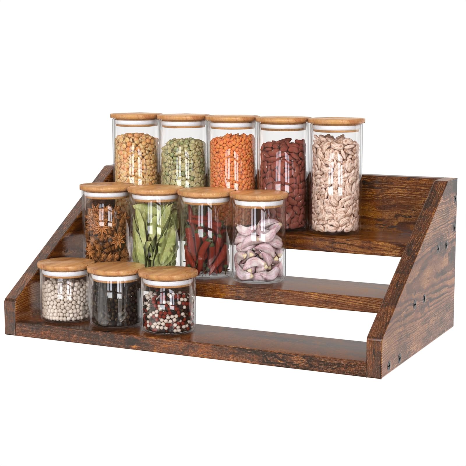 Spice Rack Organizer For Cabinet, Robust Wooden Display Riser Shelf Seasoning Organizer For Countertop Cupboard Pantry, Condimen