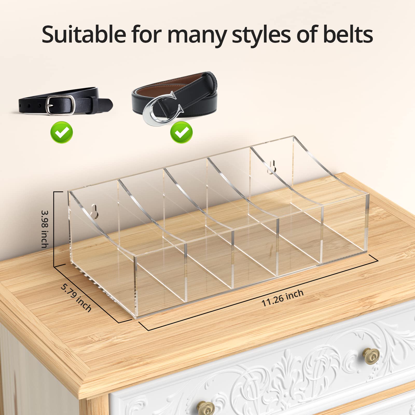 Kdsksc Belt Organizer, Acrylic Belt Storage Holder For The Closet And Drawer, 5 Compartments Belt Container Clear Display Case F