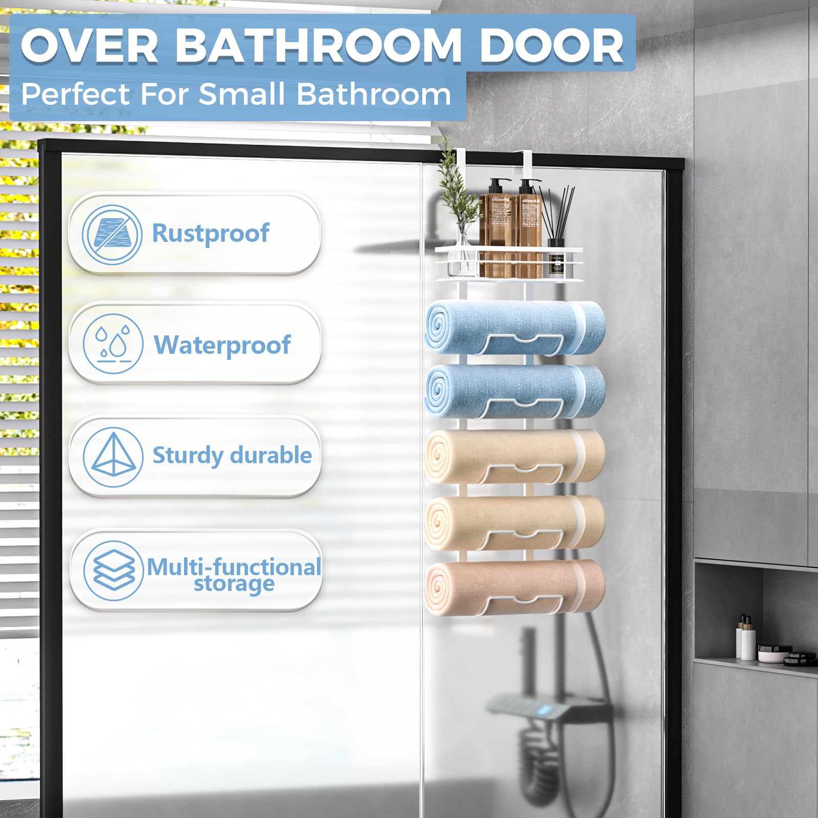 Xstydes 6-Tier Over The Door Towel Rack,Towel Racks For Bathroom, Metal Towel Holder With Storage Basket,Towel Rack For Rolled T