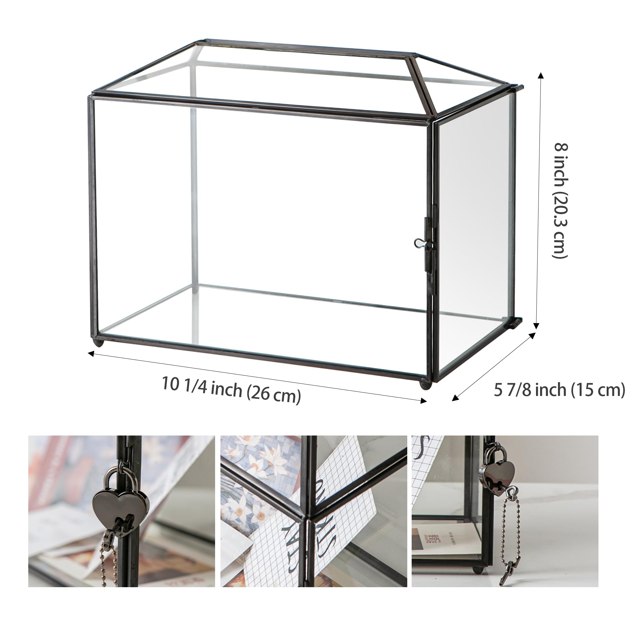 Sanllusit Wedding Glass Card Box with Slot and Lock, 10.2 x 6 x 8 Inch, Small Black Geometric Cards Holder for Birthdays Party R