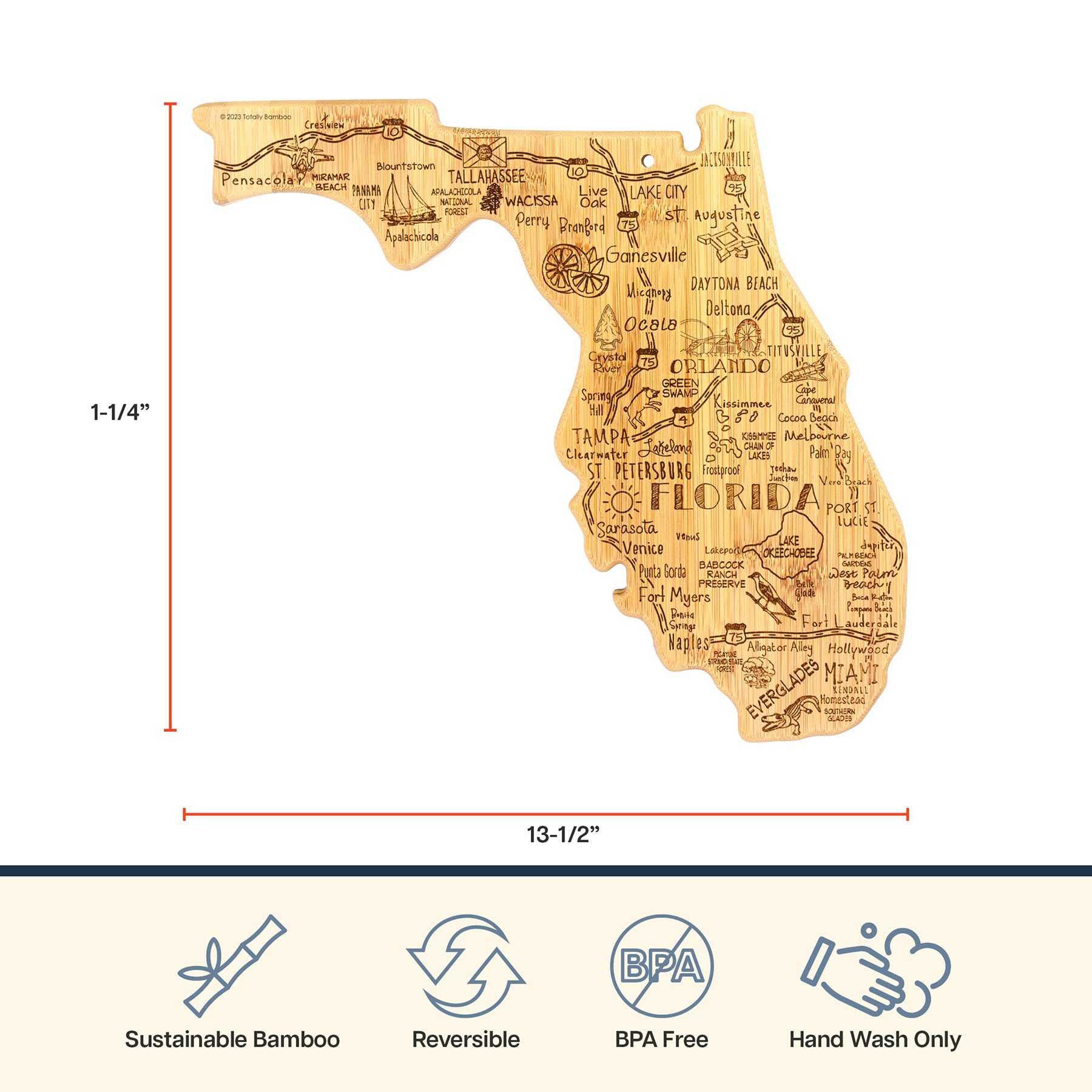 Totally Bamboo Destination Florida State Shaped Cutting Board, Charcuterie and Cheese Serving Board - Florida Gift for Home D  c