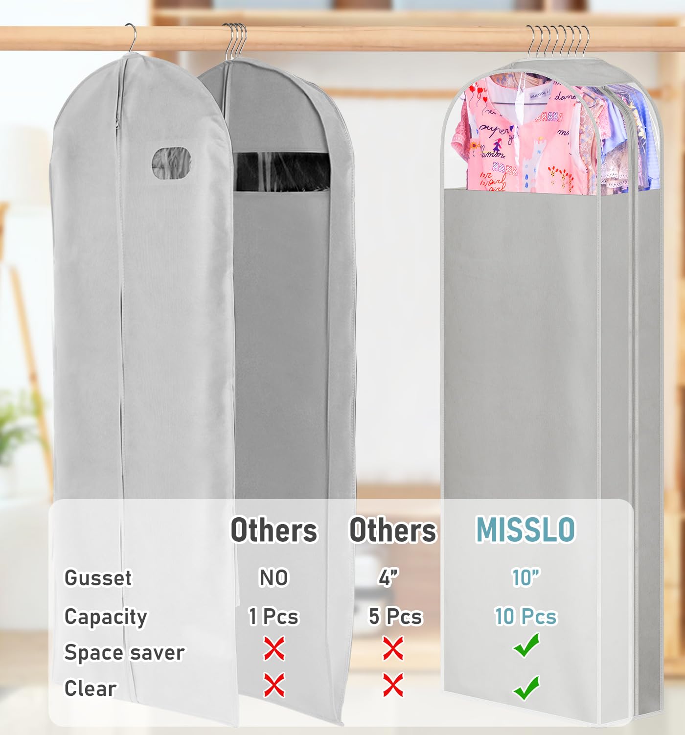 Misslo 10'' Gusseted Garment Bags For Hanging Clothes Storage 60'' Dress Bags For Gowns Long Breathable Dress Cover For Closet H