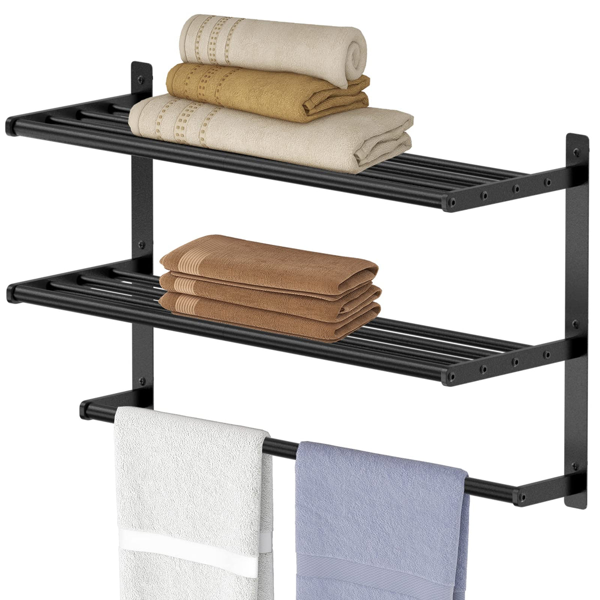 Bethom Hotel Towel Rack With Tower Bars, Towel Shelf For Bathroom Wall Mounted 3-Tier, 24 Inch Bathroom Towel Shelf With Towel B
