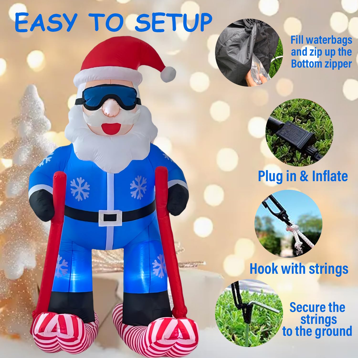 8FT Christmas Inflatable Skiing Santa Claus Decor, Blow Up Weatherproof Xmas Decorations for Yard, Built-in LED Light for Garder