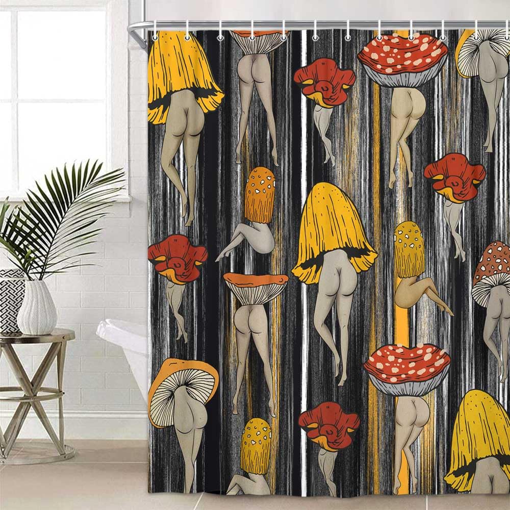 Lacoiime Funny Mushroom Shower Curtain, Cool Black Gold Gray Mushrooms Butt Shower Curtains For Bathroom Cute Fabric 70S Hippie