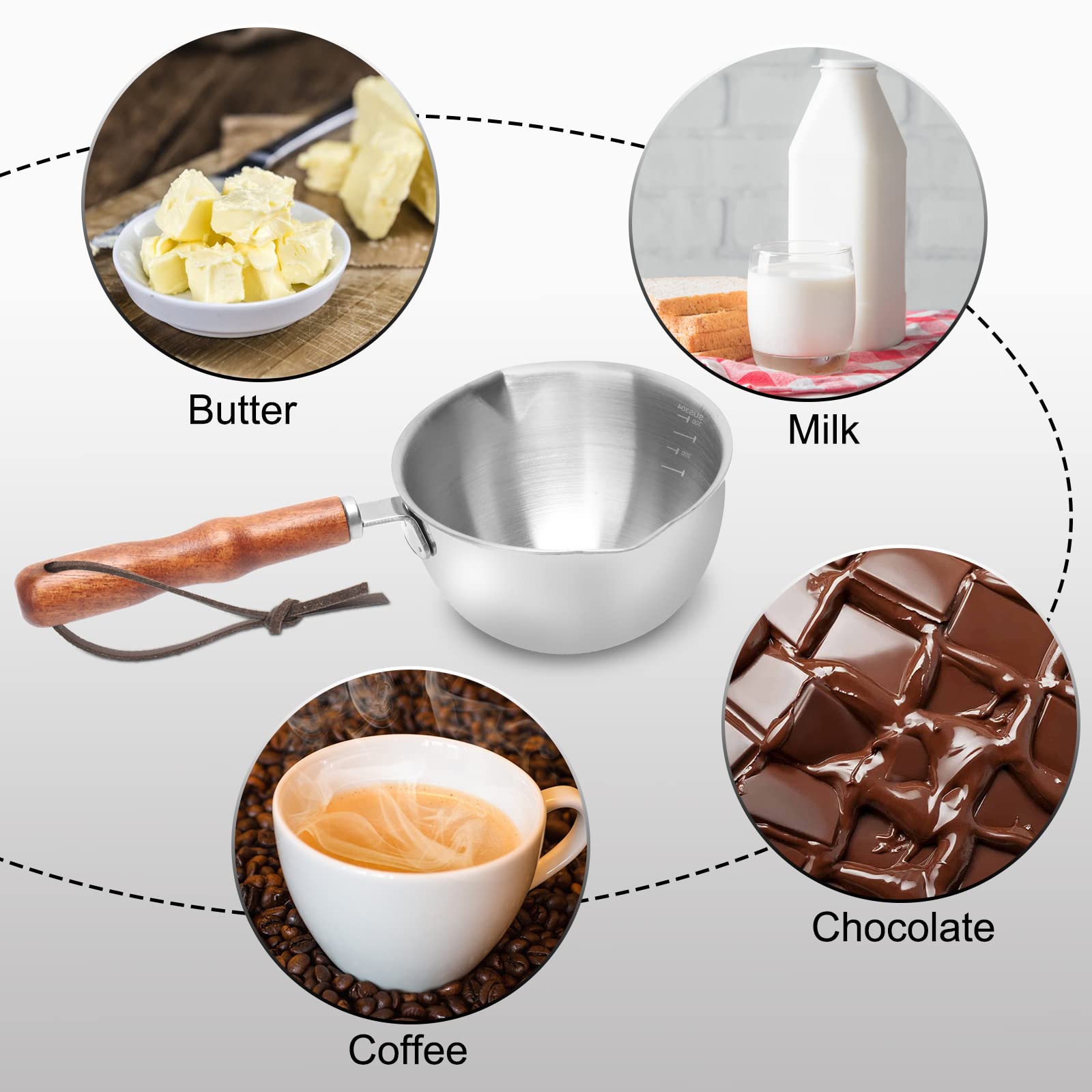 300Ml Stainless Steel Boiler Pot With Heat Resistant Wood Handle, Melting Pot Universal For Melting Chocolate, Butter, Cheese, C