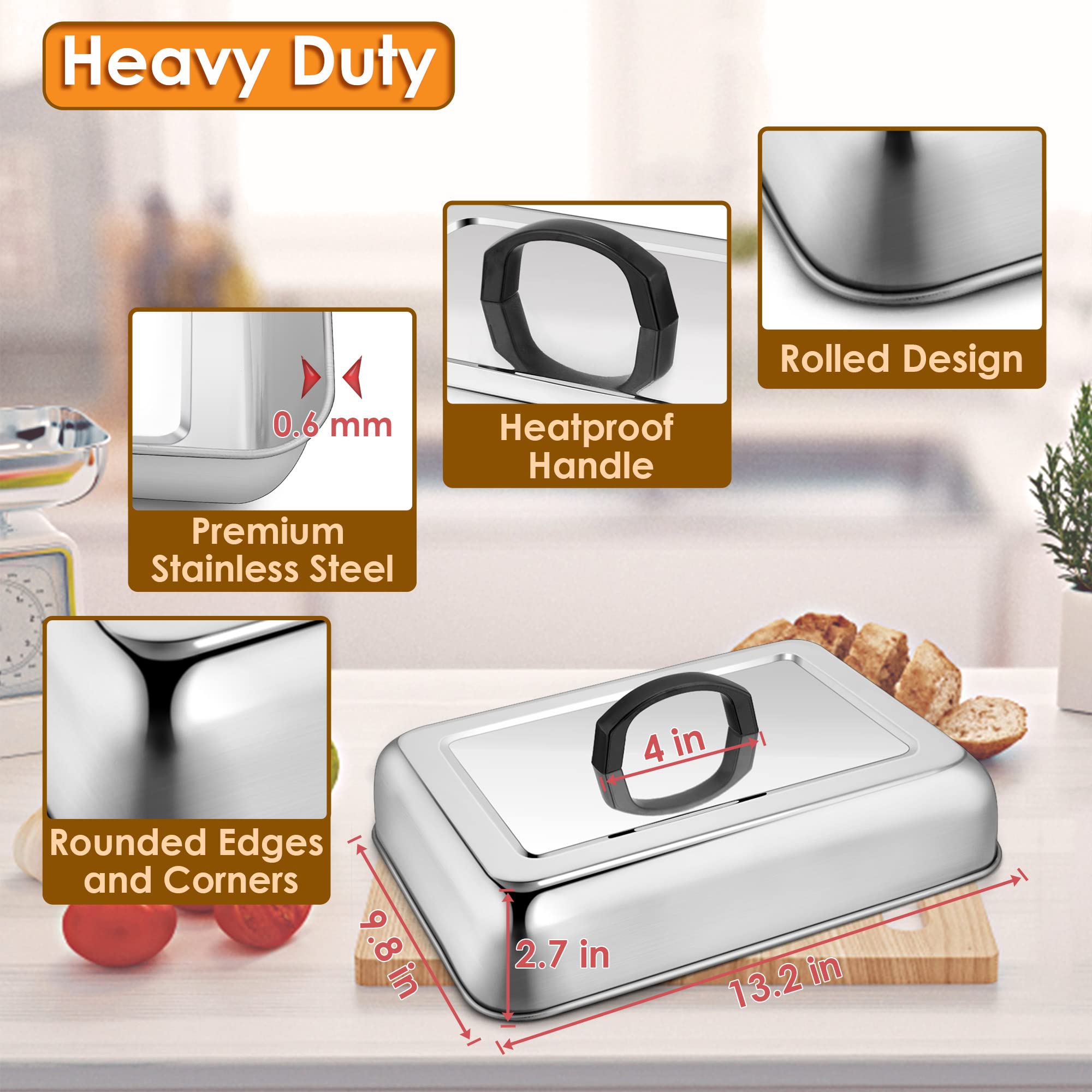 Leonyo 13 X 9 Inch Rectangular Basting Cover Set Of 2, Stainless Steel Metal Cheese Melting Dome Lid Heavy Duty For Outdoor&Indo