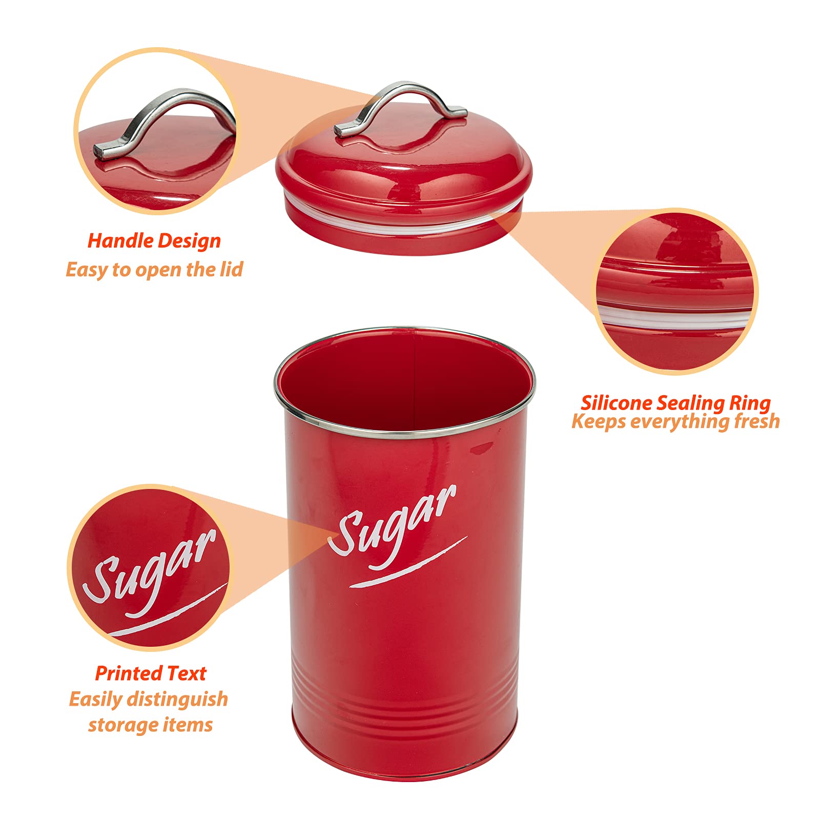 Hillbond Canisters Sets Red Food Storage Canisters Containers: Carbon Steel with Powder Coated Decorative Storage Jars Set of 4 (Red)