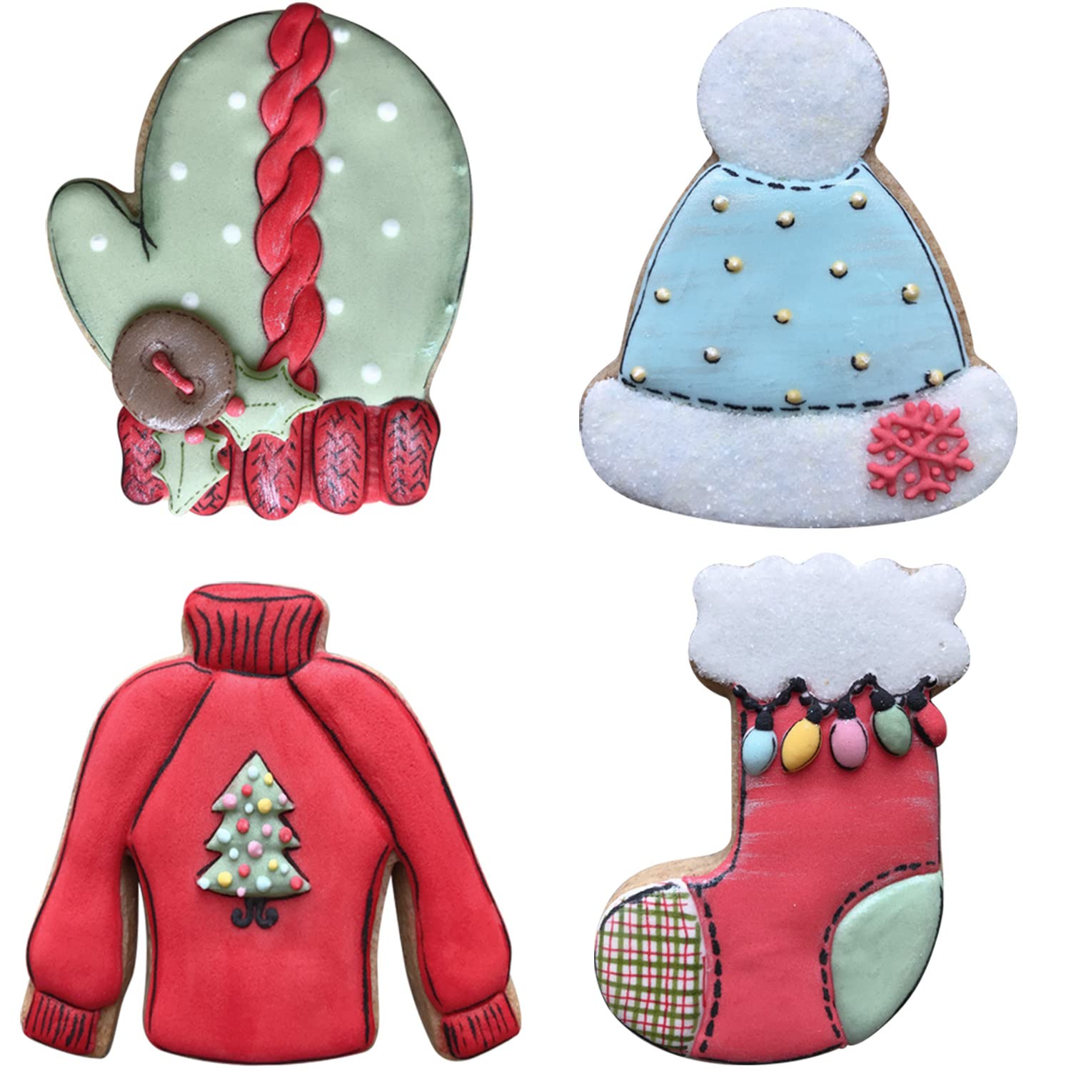 Liliao Winter Holiday Christmas Cookie Cutter Set - 4 Piece - Ugly Sweater, Stocking, Hat And Mitten Fondant Biscuit Cutters - S