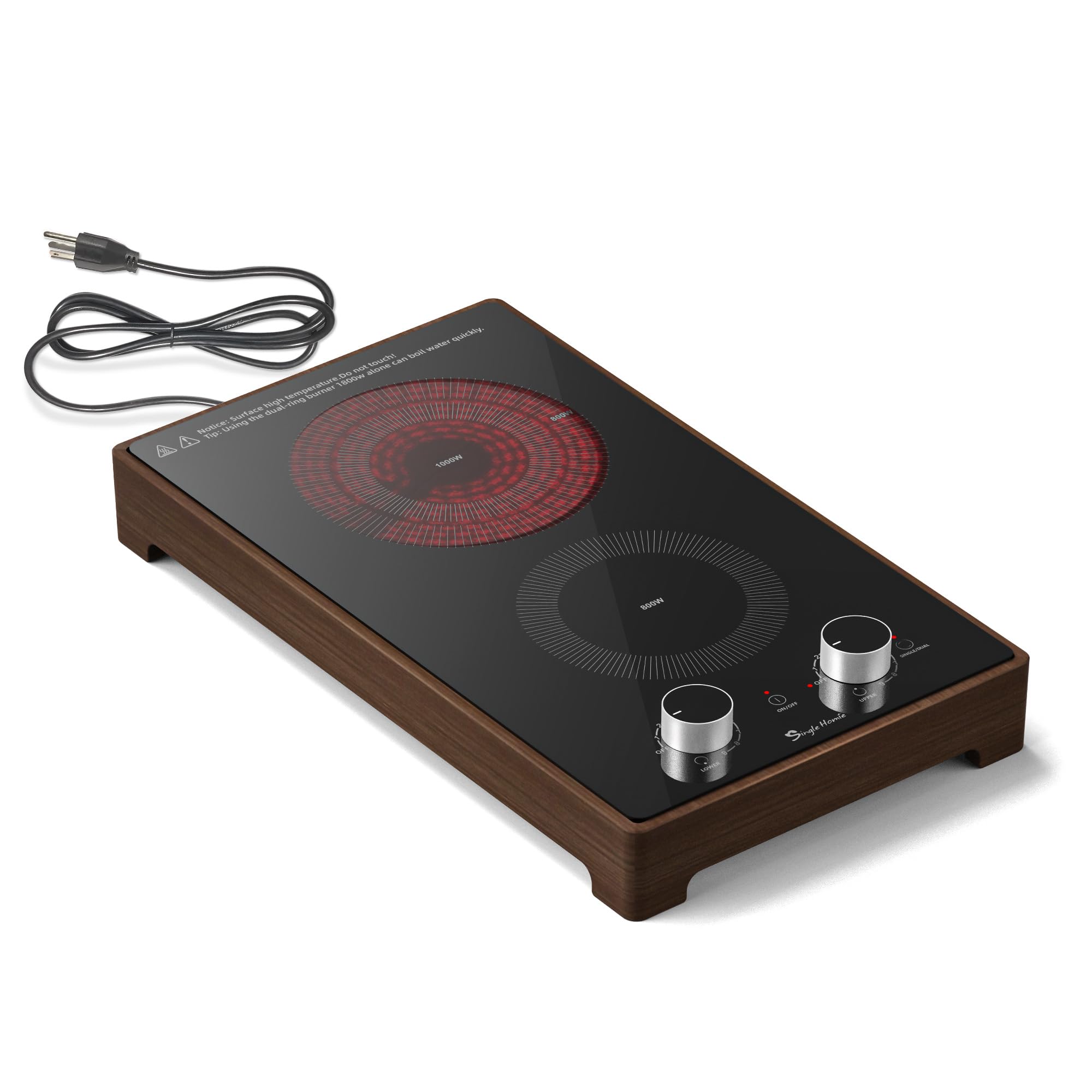 2 Burner Electric Cooktop 110v, Plug in Stove Top Burner, Countertop & Built-in Electric Burner with Knob Control, Wooden Frame,