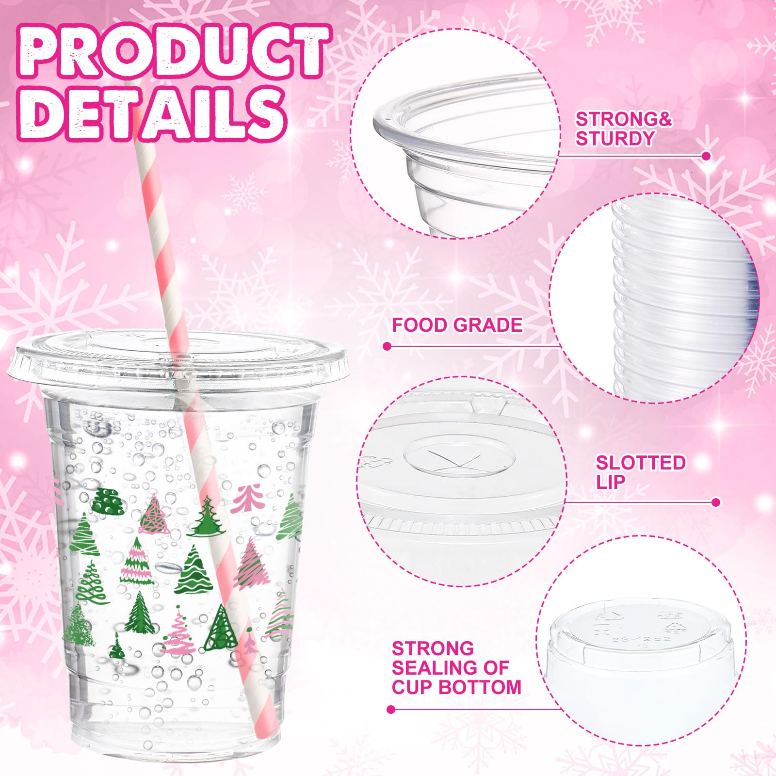 Funnymoom 50 Sets Christmas Disposable Plastic Cups Bulk with Lids Straws 16 oz Pink Green Xmas Tree Plastic Cups Cold Beverage