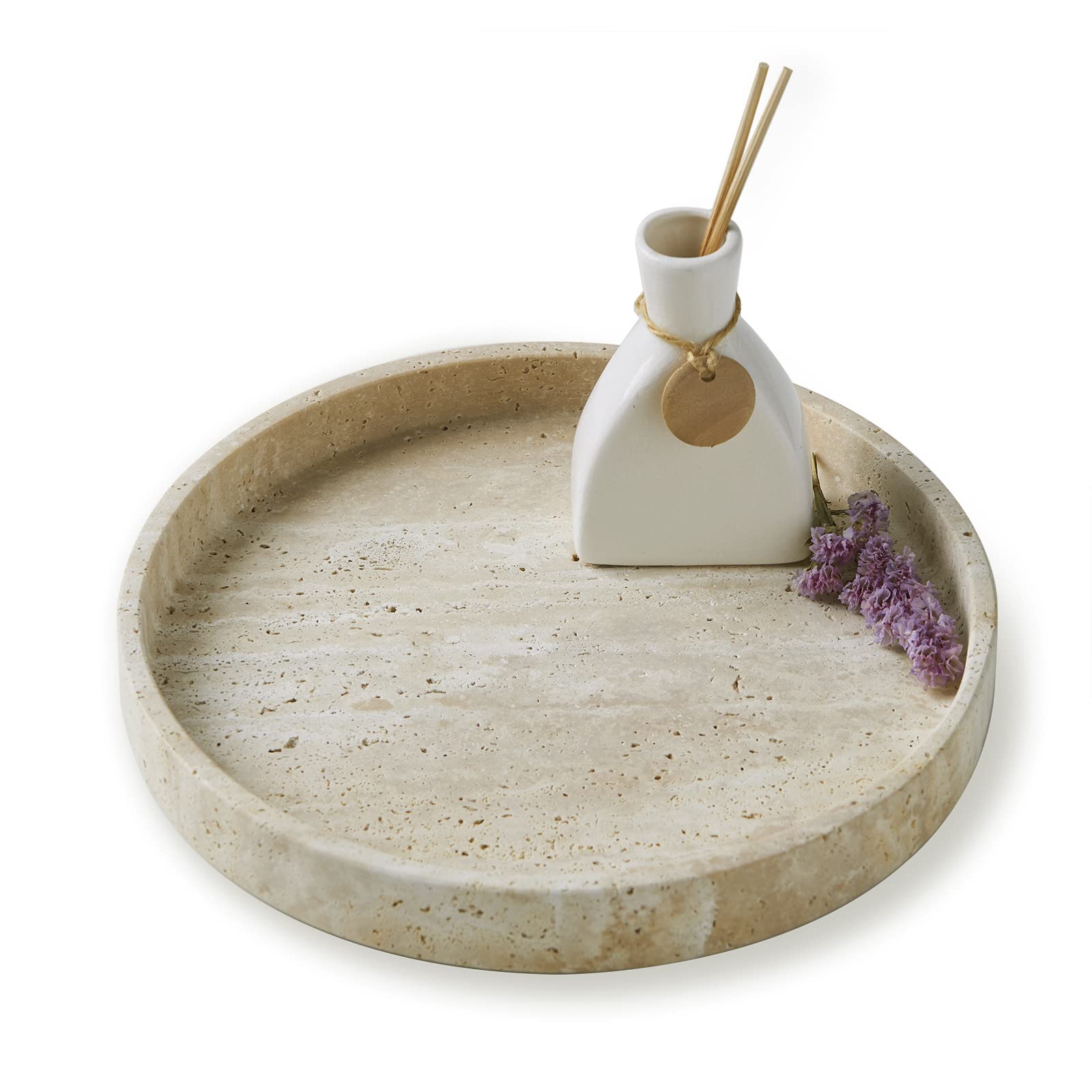 PHINILUX Travertine Marble Vanity Tray, Round Ottoman Tray Minimalist Modern Decorative & Fruit Serving Plate for Bathroom, Kitc