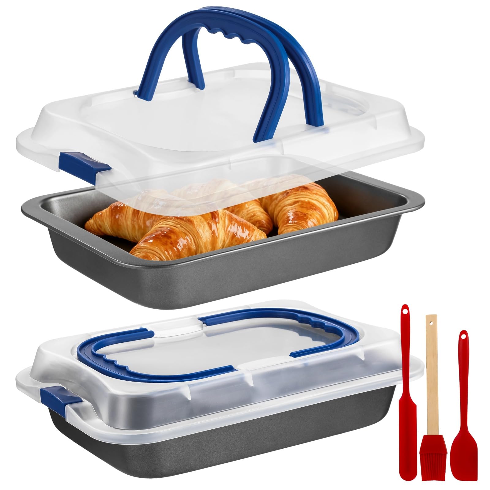 FELISTORY 2 PCS Cake Baking Pan 9x13 with Lid & Handle, Nonstick Carbon Steel Baking Tray with Silicone Brush Scraper Spatula, R