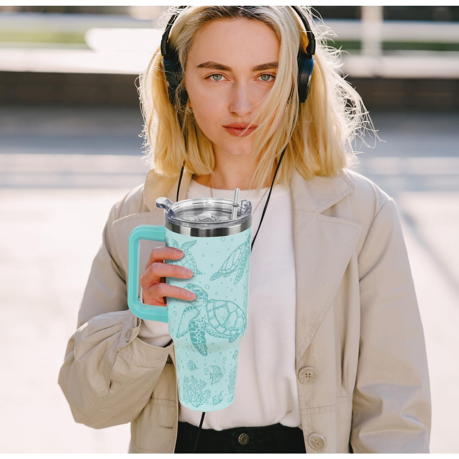 Nqhsionv Sea Turtle Tumbler with Handle and Straw 40 oz Turtle Cup Hawaiian Ocean Turtles Coffee Travel Mug Stainless Steel Insu