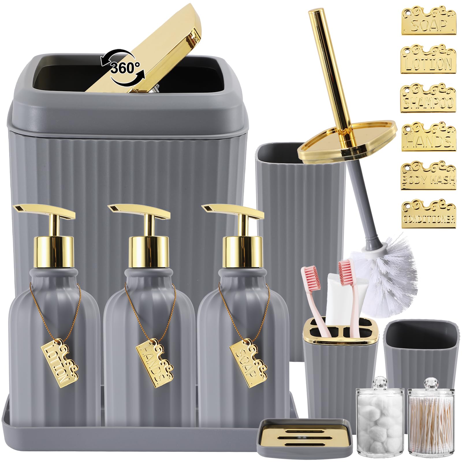 WSBArt 17PCS Bathroom Accessory Set Bathroom Set Grey Bathroom Accessories,Toilet Brush,Trash Can, Qtip Holder Dispenser& 3PCS S
