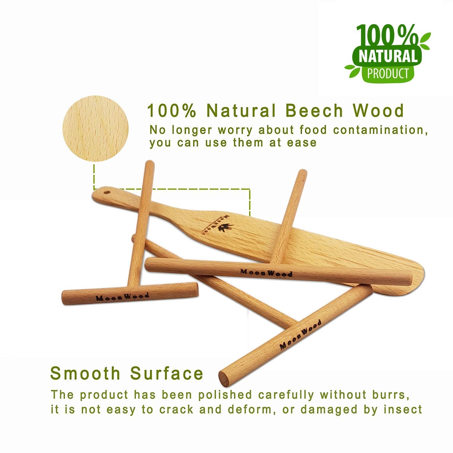 Crepe Spreader And Spatula Kit - 4 Pcs (3.5, 5, 7 Tools Set, 12 Inch Crepe Spatula Turner) T-Shaped Batter Pancake Tool, Natural
