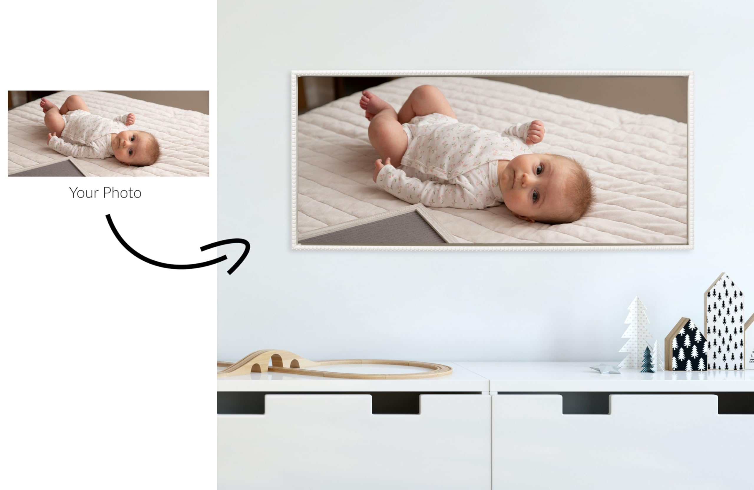 Kate And Laurel Beaded Custom Printed Framed Canvas Wall Art, 40X18 White, Personal Canvas Print With Your Photos For Bedroom Or