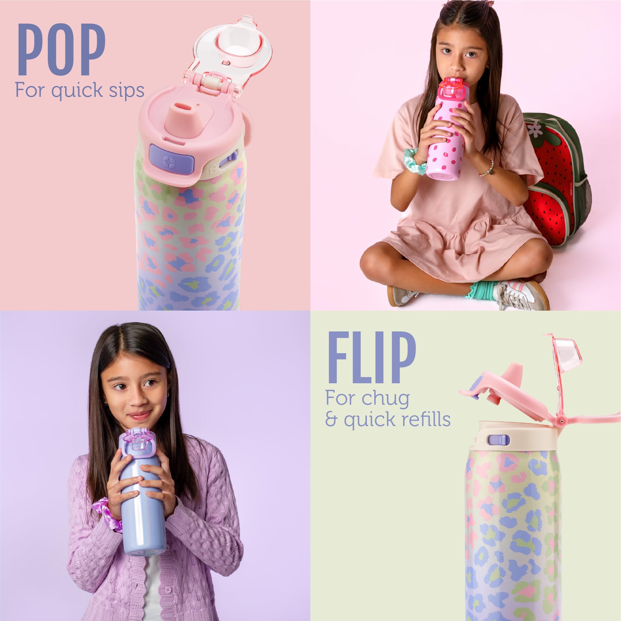 Ello Kids Pop & Fill 18oz Stainless Steel Water Bottle with Quick Fill Technology, Double-Wall Vacuum Insulation, Leak Proof Loc
