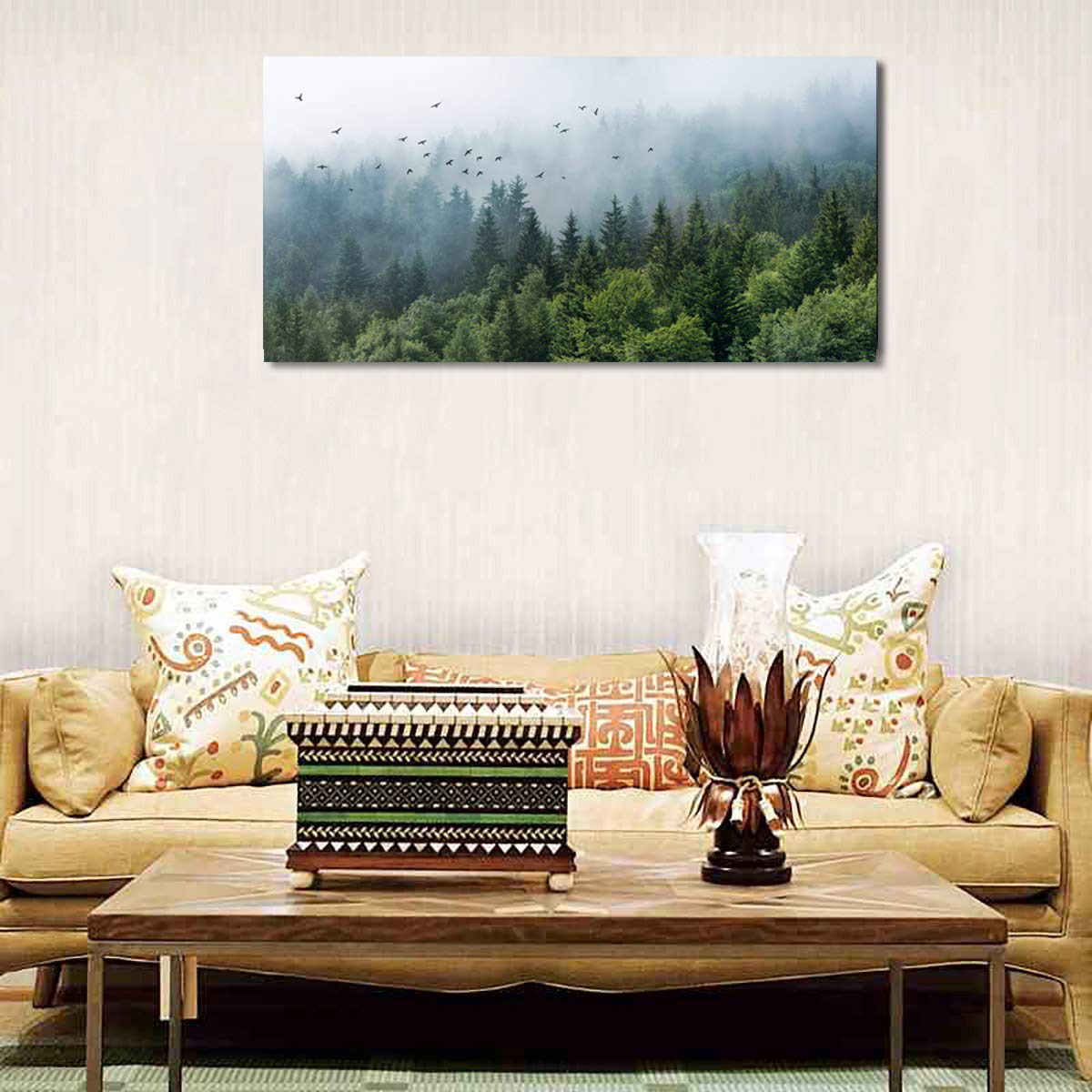 Green Forest Wall Art Tropical Forest Mountain Bird Contemporary Canvas Pictures Modern Artwork Framed For Bathroom Bedroom Nurs
