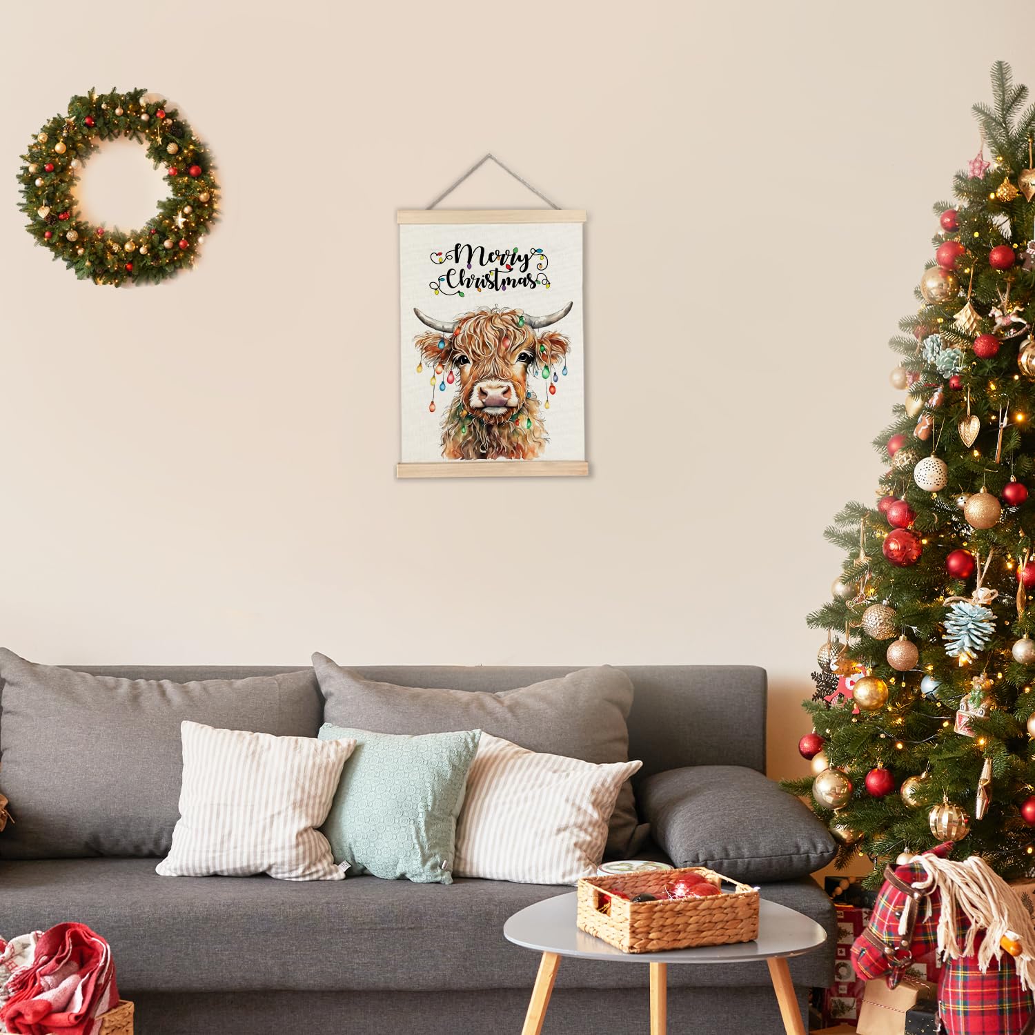 Luvadian Christmas Highland Cow Wall Art With Wooden Poster Hanger, Merry Christmas Wall Decorations, Highland Cow Wall Decor, C