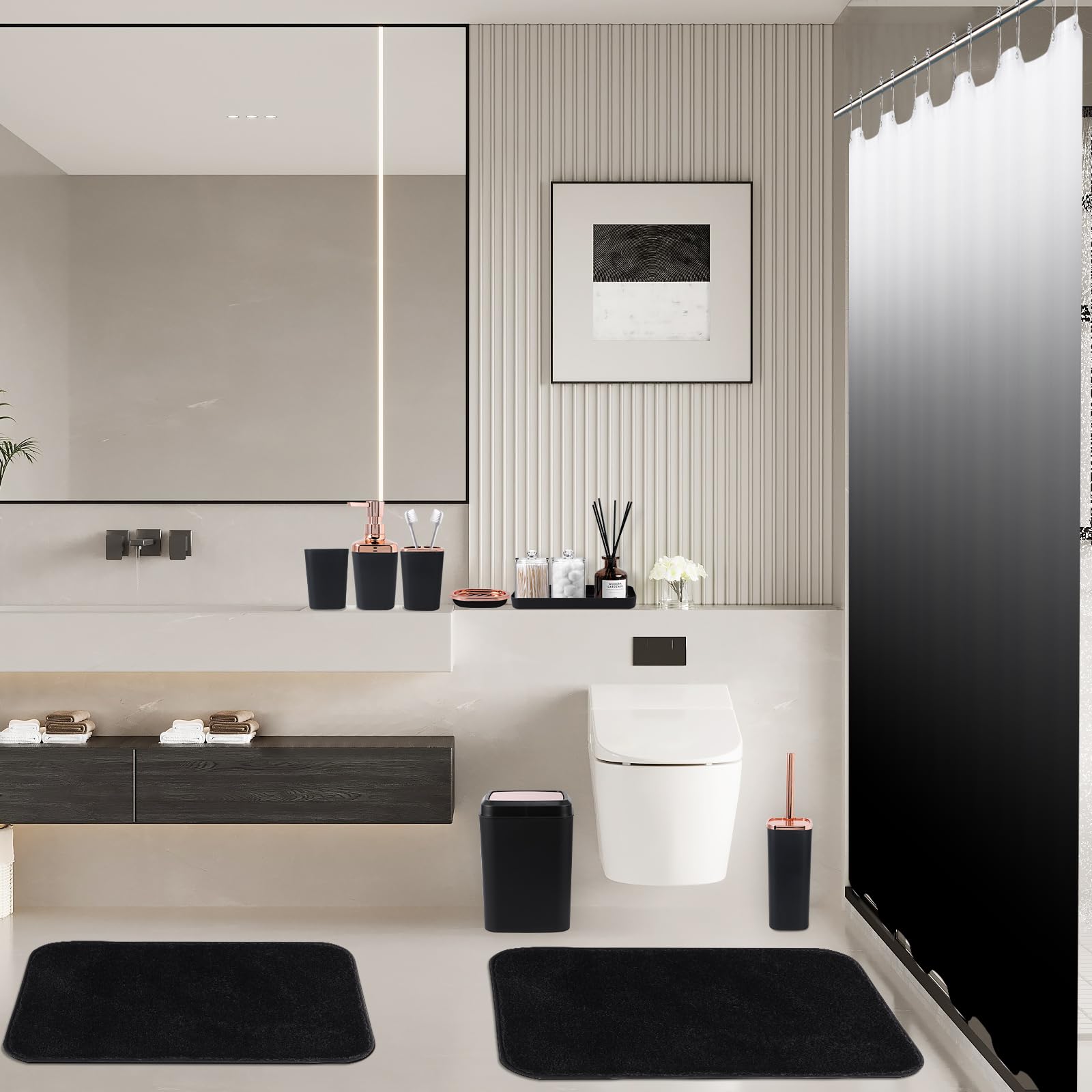 Xlhomo Bathroom Accessory Set-Bathroom Set With Shower Curtain And Rugs, No Slip Bathroom Rugs Super Absorbent, Black Ombre Wate