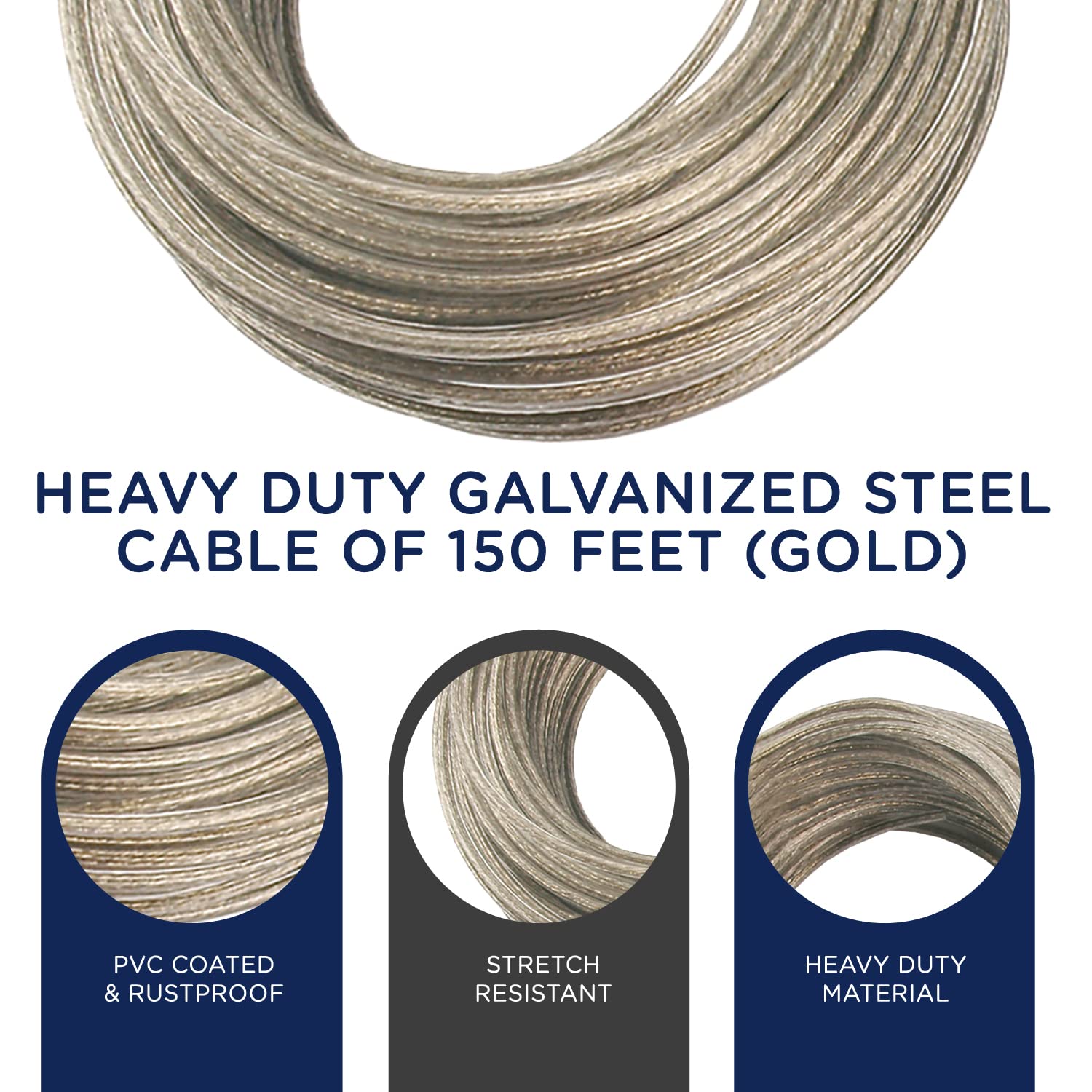 Strata Clothesline Outdoor Heavy Duty Kit - 150 Feet Galvanized Wire Gold Pvc Coating, 6.5'' Clothesline Pulley 2Pcs, Metal Mini