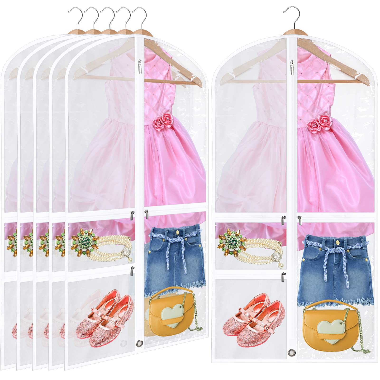 Woanger 6 Pcs Garment Bags For Dance Costumes 20'' X 40'' Clear Pvc With Zippers Garment Bag With Pockets Dance Costume Organize