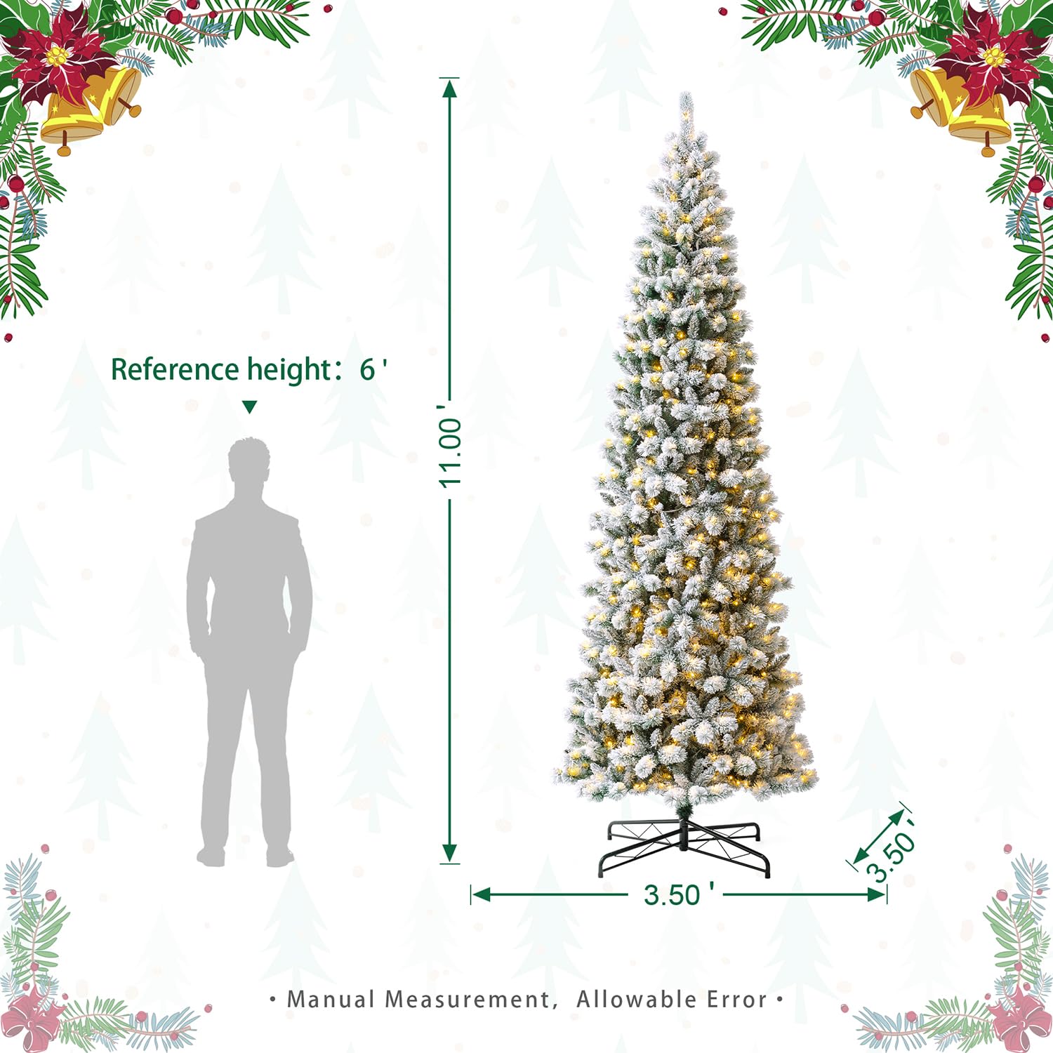 Glitzhome 11ft Prelit Artificial Christmas Tree, Flocked Pencil Christmas Tree with 700 Warm White/Multi-Color Lights, Remote Co