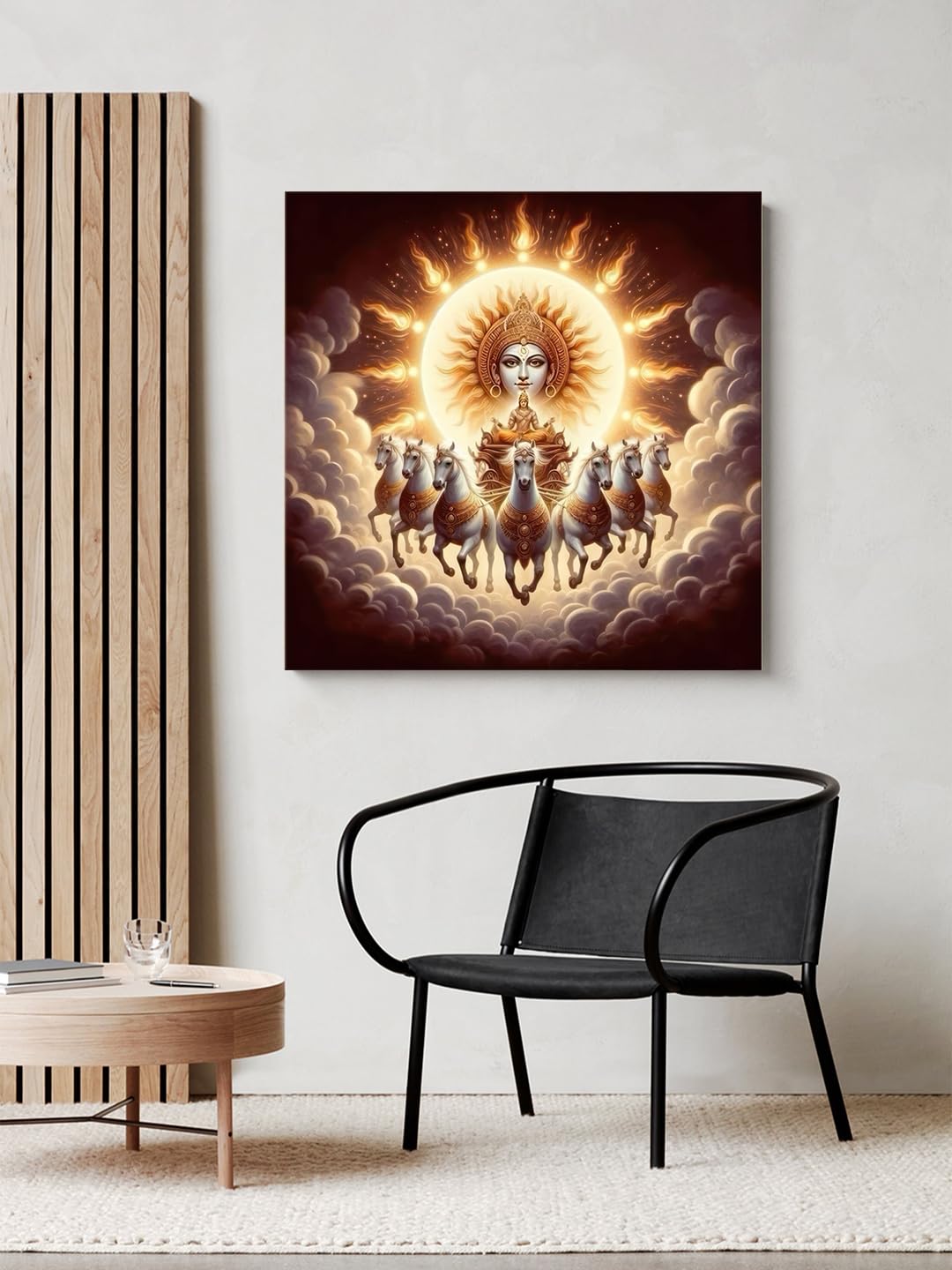 999STORE Canvas Wrapped Painting of Sun God Surya with Horses - Vedic Art for Modern Dcor - 24X24 Inches(FLP24X240544)