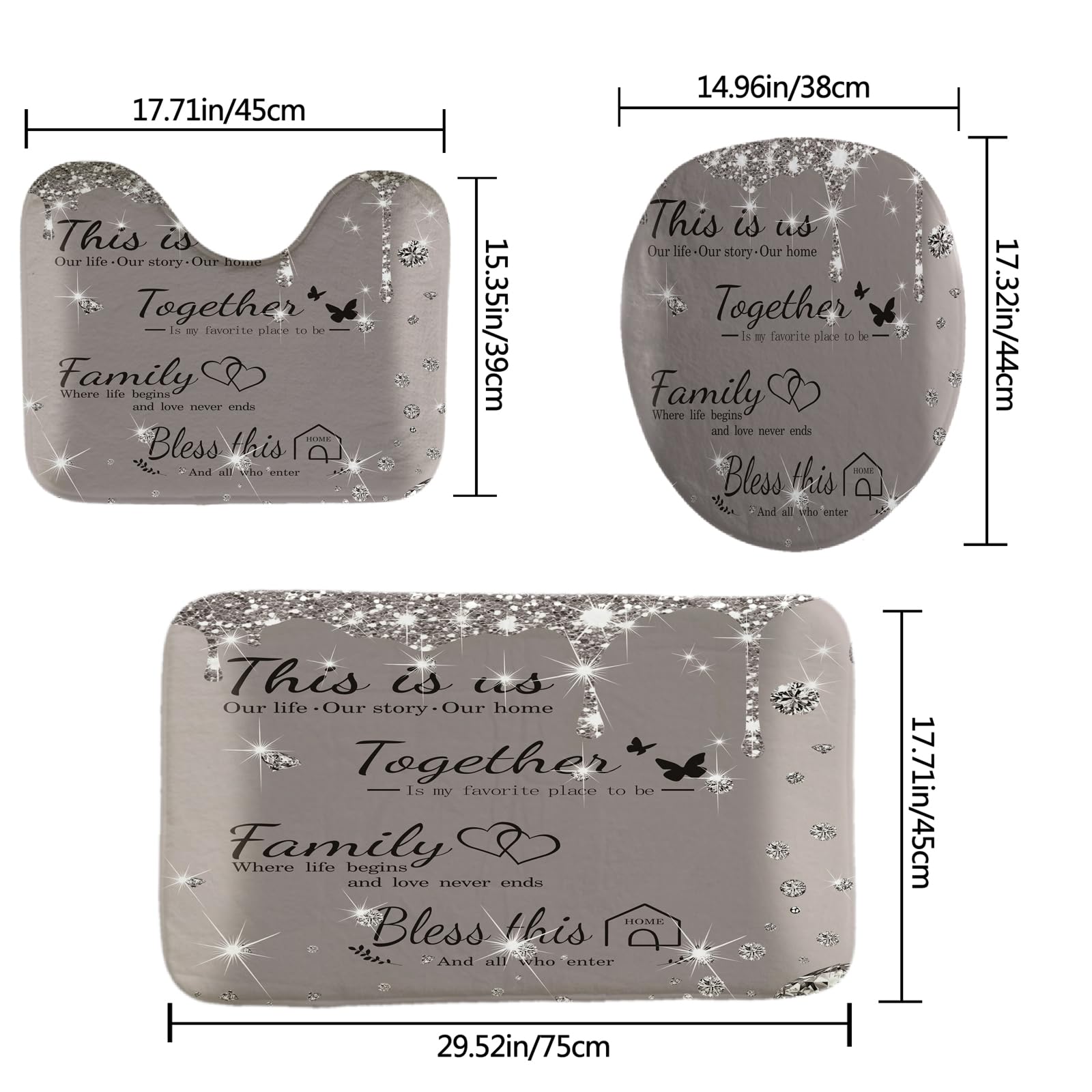 Juwute 4Pcs Family Shower Curtain Sets With Non-Slip Rugs, Toilet Lid Cover And Bath Mat,Grey Glitter Diamond Home Bathroom Deco