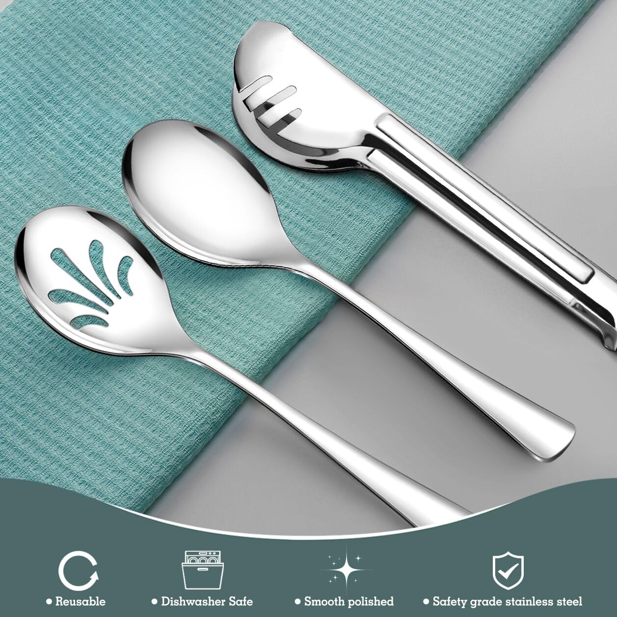24 Pack Stainless Steel Large Serving Utensils Set - 10'' Serving Spoons X 8, 10'' Slotted Spoons X 8, And 9'' Serving Tongs X 8