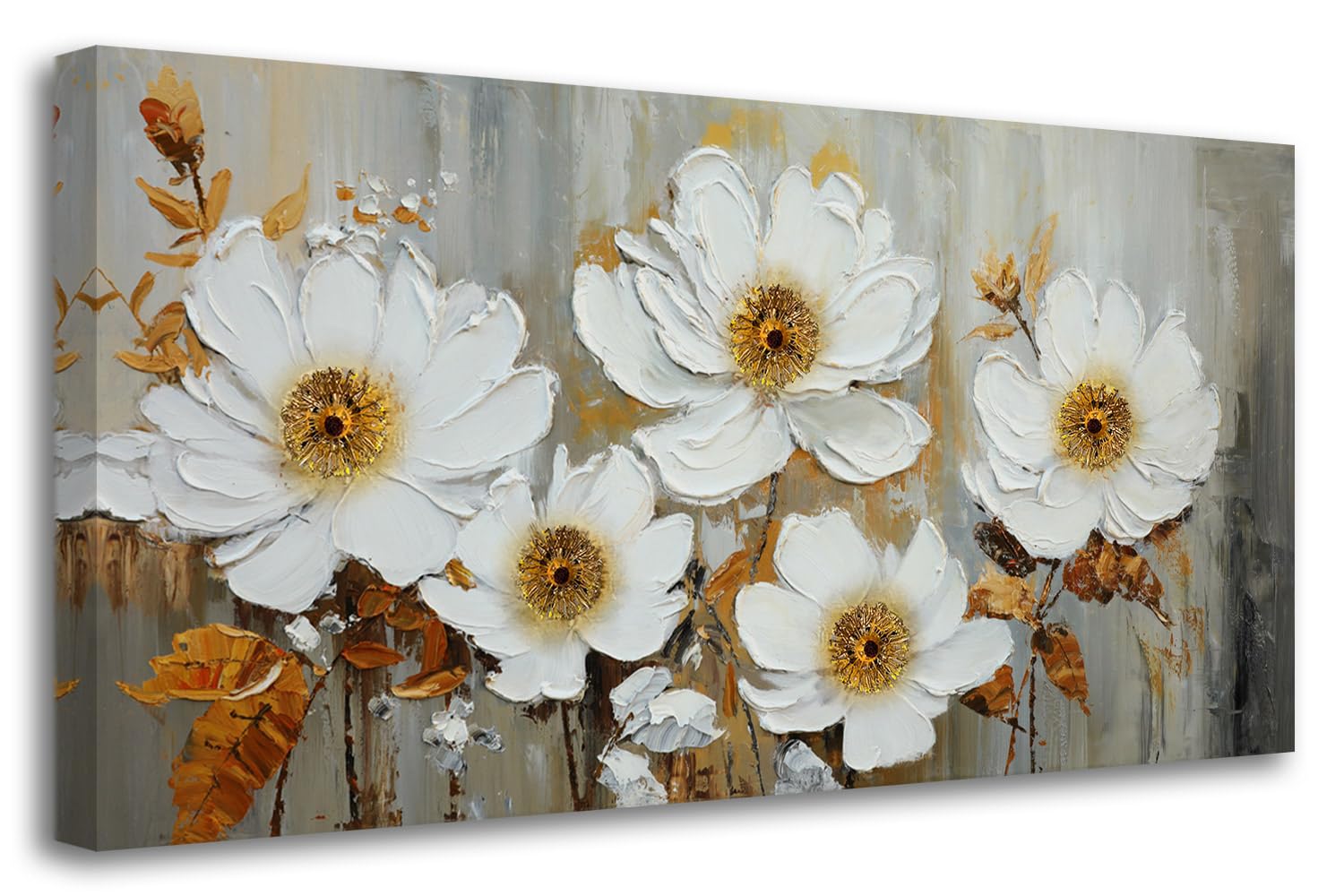 Acocifi Wall Art Flowers Abstract Canvas Painting White Flowers Textured Wrapped Canvas Artwork, Florals Picture Print For Livin