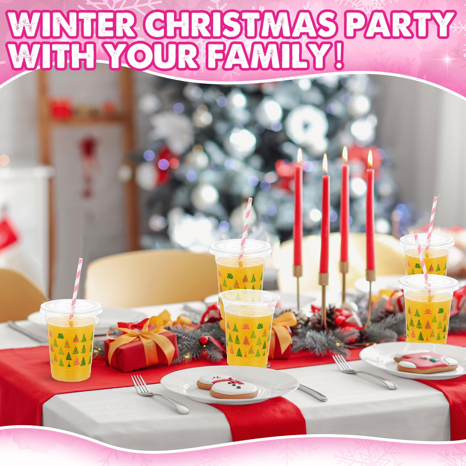 Funnymoom 50 Sets Christmas Disposable Plastic Cups Bulk with Lids Straws 16 oz Pink Green Xmas Tree Plastic Cups Cold Beverage